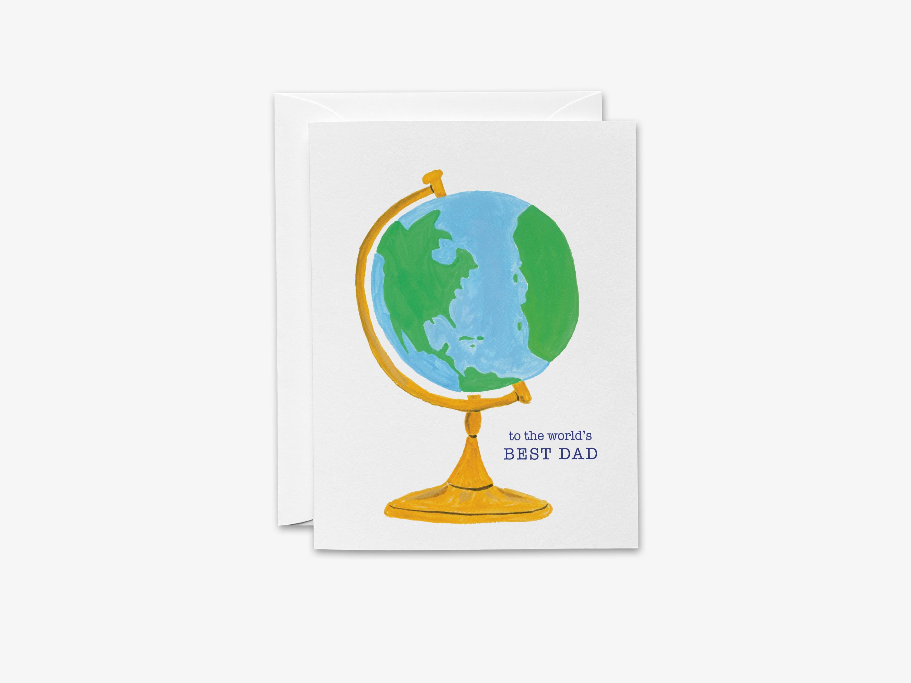 To The World's Best Dad Card-These folded greeting cards are 4.25x5.5 and feature our hand-painted globe, printed in the USA on 100lb textured stock. They come with a White envelope and make a great Father's Day or birthday card for dad.-The Singing Little Bird