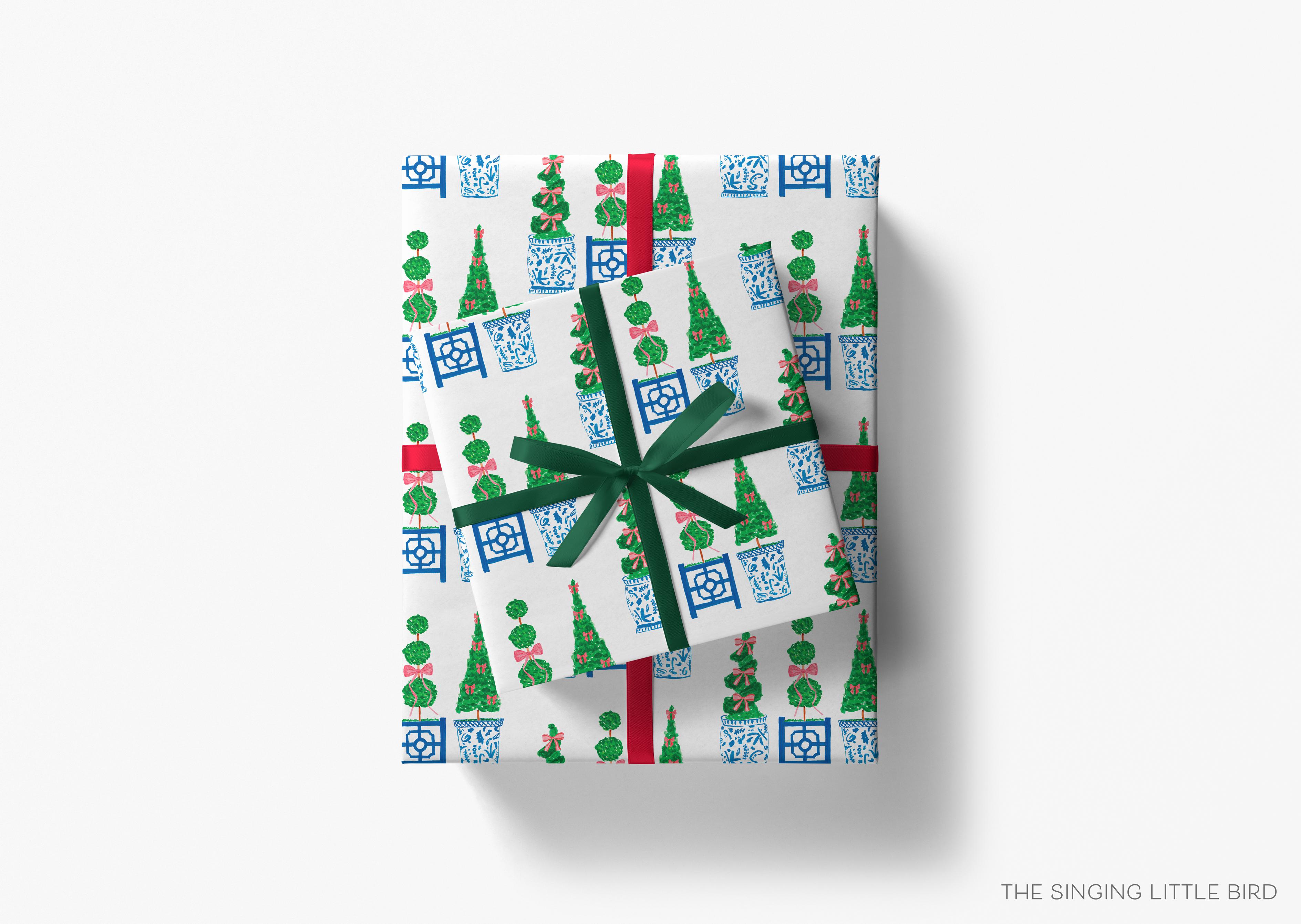 Topiary Chinoiserie Christmas Gift Wrap-This matte finish gift wrap features our hand-painted topiaries in ginger jars. It makes a perfect wrapping paper for a holiday present. -The Singing Little Bird