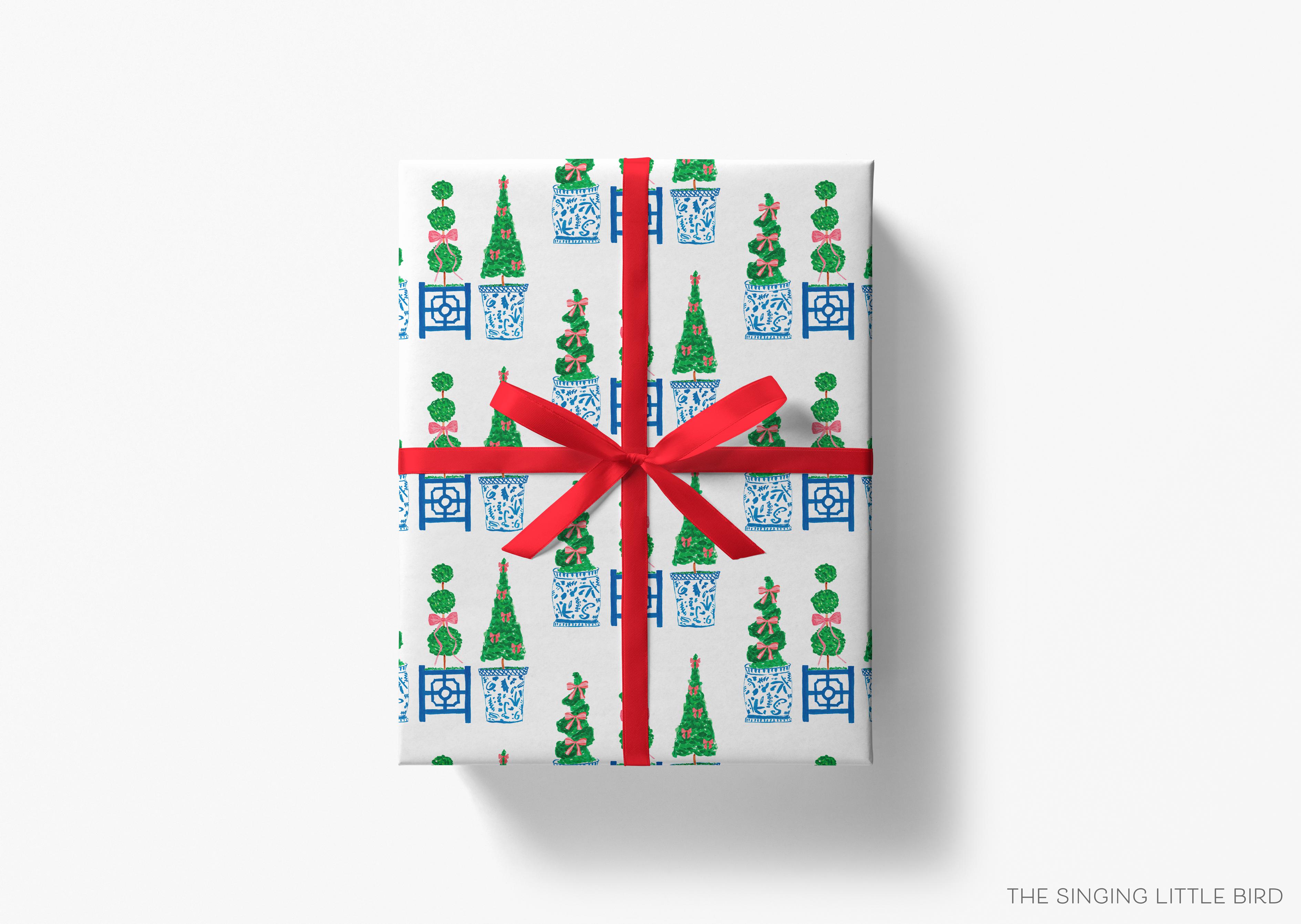 Topiary Chinoiserie Christmas Gift Wrap-This matte finish gift wrap features our hand-painted topiaries in ginger jars. It makes a perfect wrapping paper for a holiday present. -The Singing Little Bird