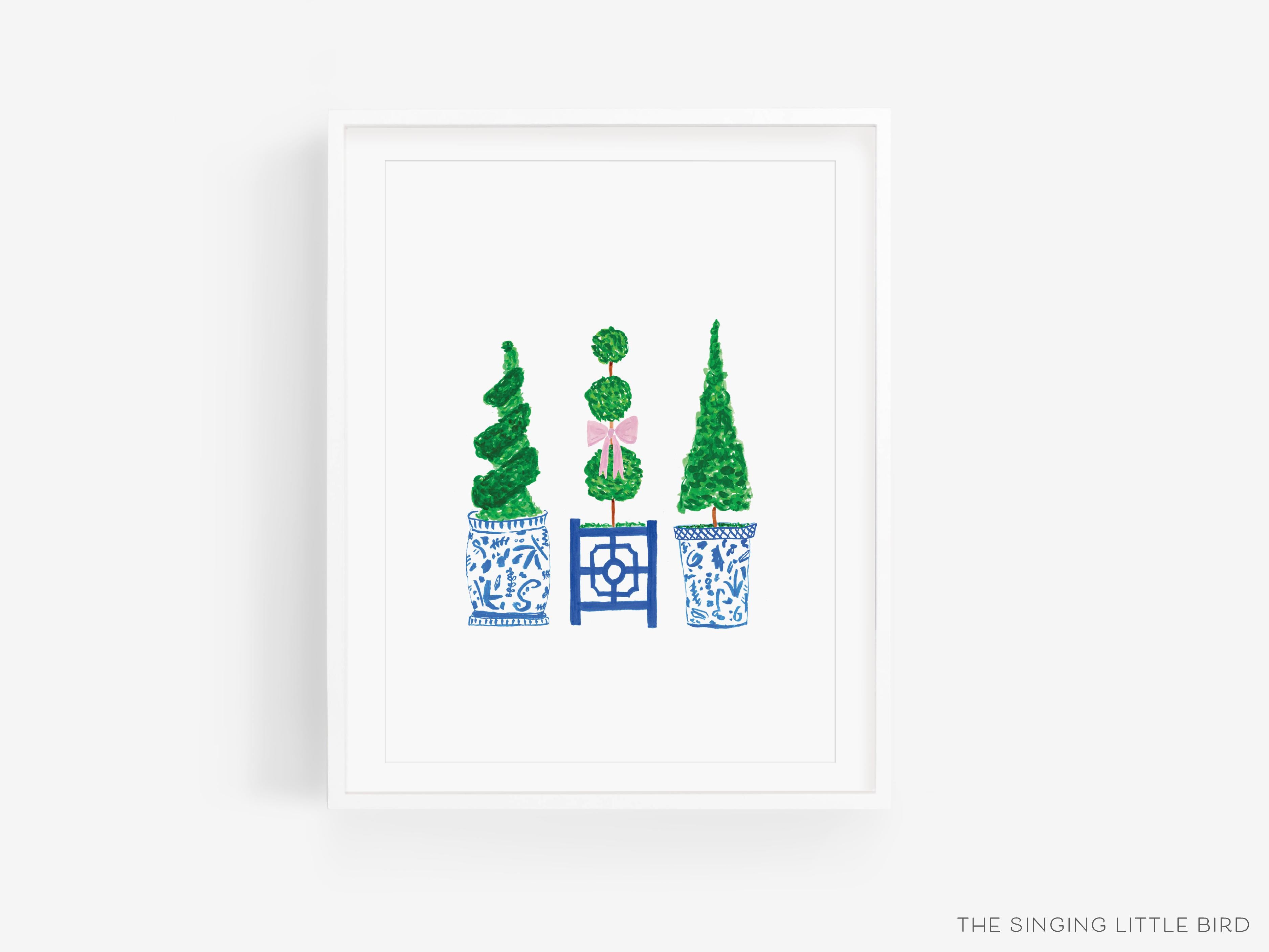 Topiary Trio Art Print-This watercolor art print features our hand-painted topiaries in ginger jars, printed in the USA on 120lb high quality art paper. This makes a great gift or wall decor for the chinoiserie lover in your life.-The Singing Little Bird