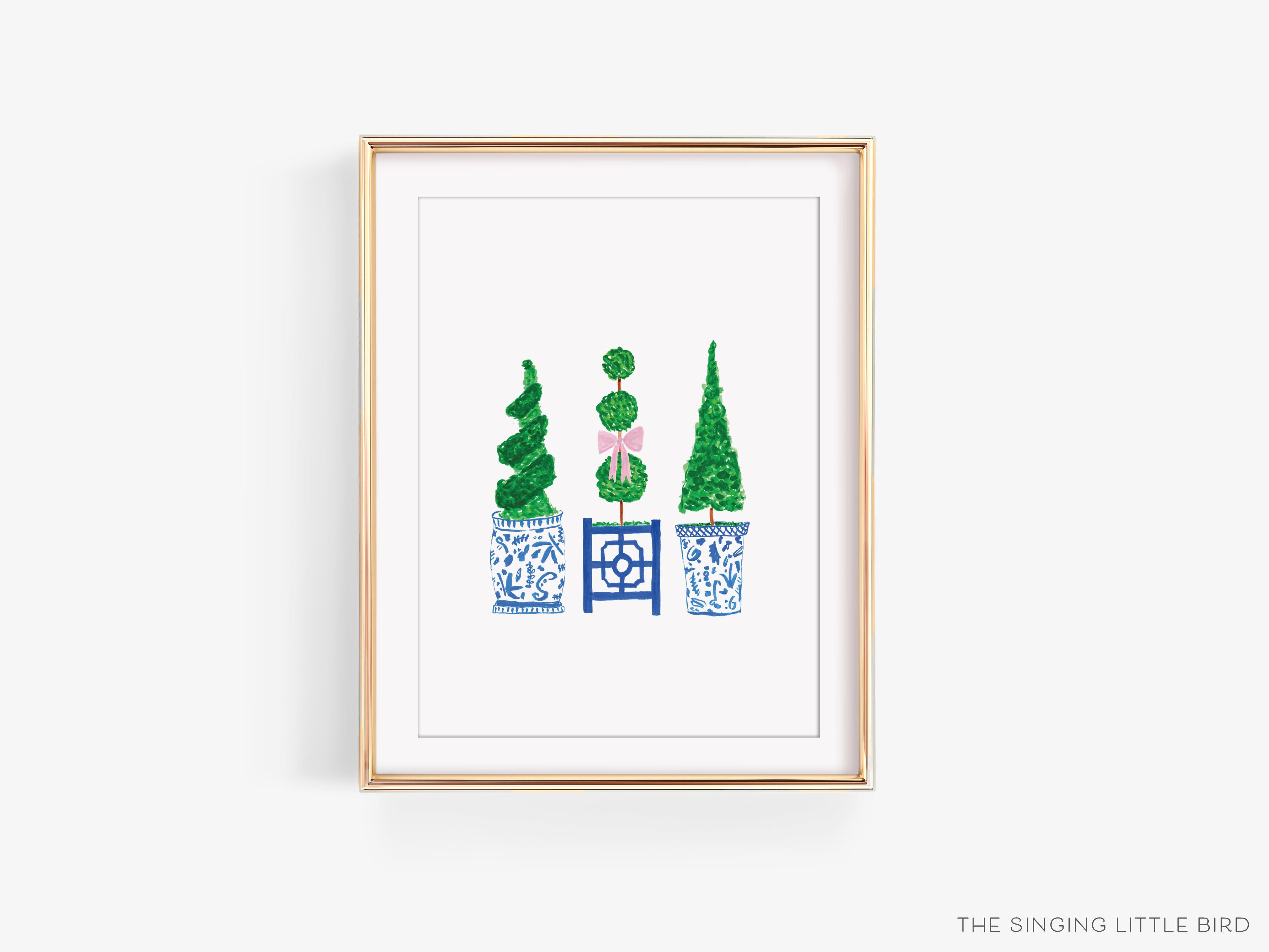 Topiary Trio Art Print-This watercolor art print features our hand-painted topiaries in ginger jars, printed in the USA on 120lb high quality art paper. This makes a great gift or wall decor for the chinoiserie lover in your life.-The Singing Little Bird