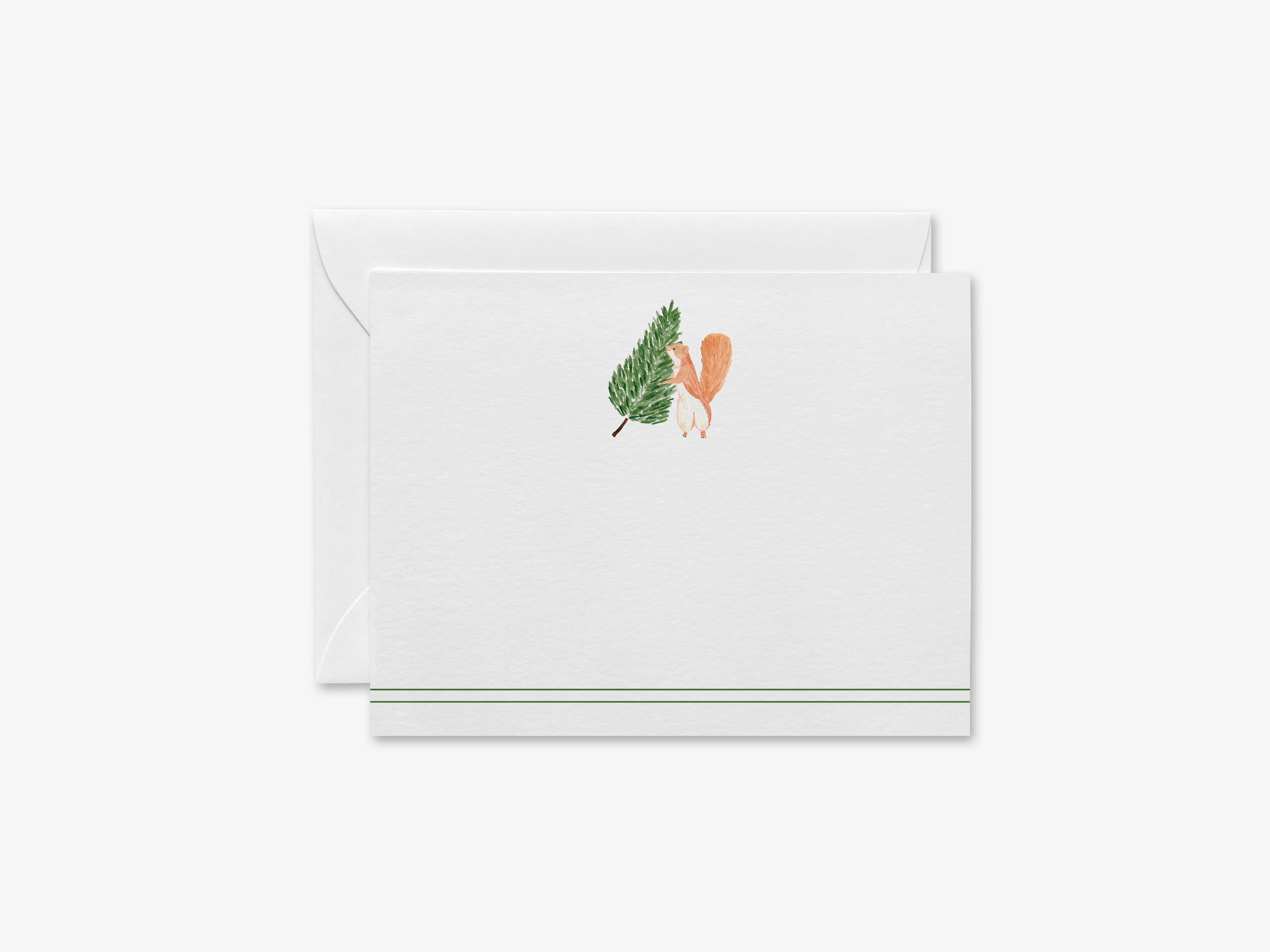 Tree Squirrel Flat Notes [Sets of 8]-These flat notecards are 4.25x5.5 and feature our hand-painted watercolor evergreen tree and squirrel, printed in the USA on 120lb textured stock. They come with white envelopes and make great thank yous and gifts for the animal lover in your life.-The Singing Little Bird