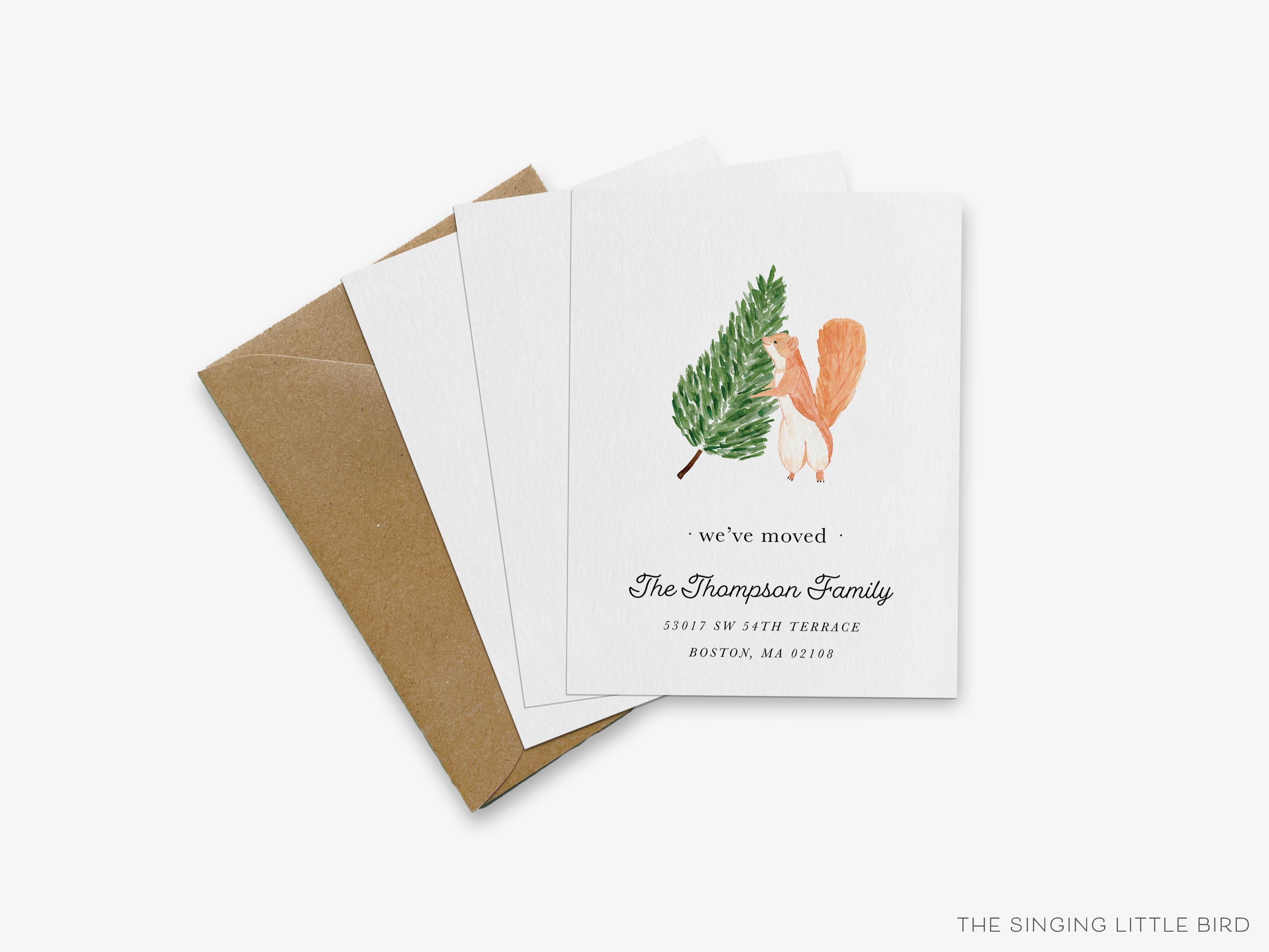 Tree Squirrel Moving Announcement-These personalized flat change of address cards are 4.25x5.5 and feature our hand-painted watercolor squirrel, printed in the USA on 120lb textured stock. They come with your choice of envelopes and make great moving announcements for the animal lover.-The Singing Little Bird