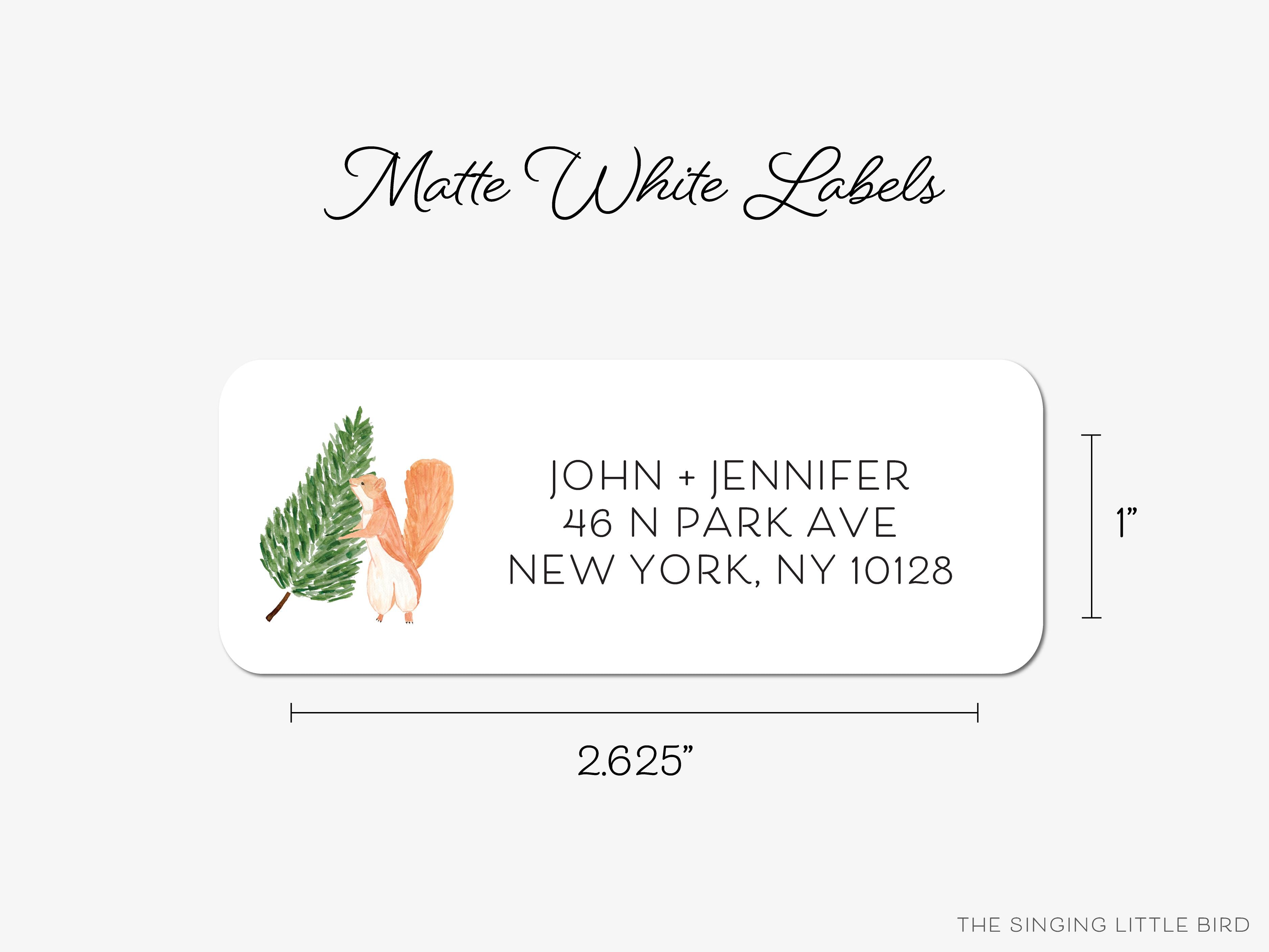 Tree Squirrel Return Address Labels- These personalized return address labels are 2.625" x 1" and feature our hand-painted watercolor tree and squirrel, printed in the USA on beautiful matte finish labels. These make great gifts for yourself or the animal lover. -The Singing Little Bird