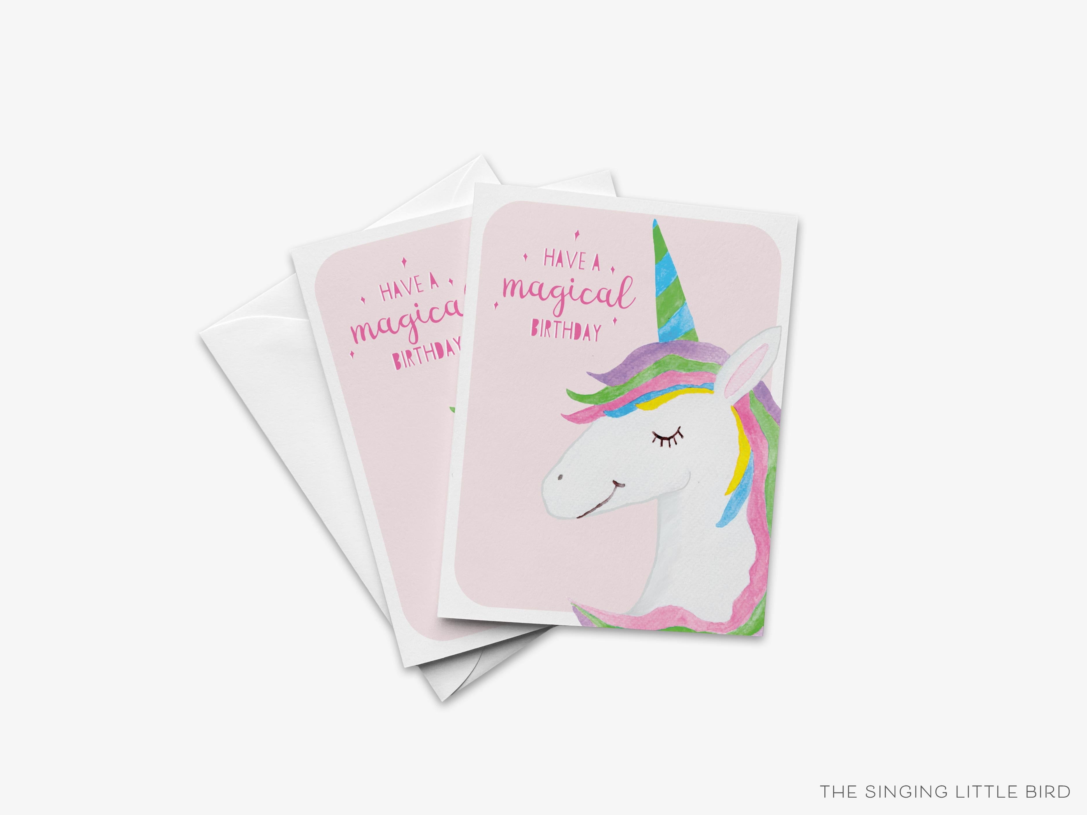 Unicorn Birthday Card-These folded birthday cards are 4.25x5.5 and feature our hand-painted unicorn, printed in the USA on 100lb textured stock. They come with a White envelope and make a great card for a magical birthday.-The Singing Little Bird