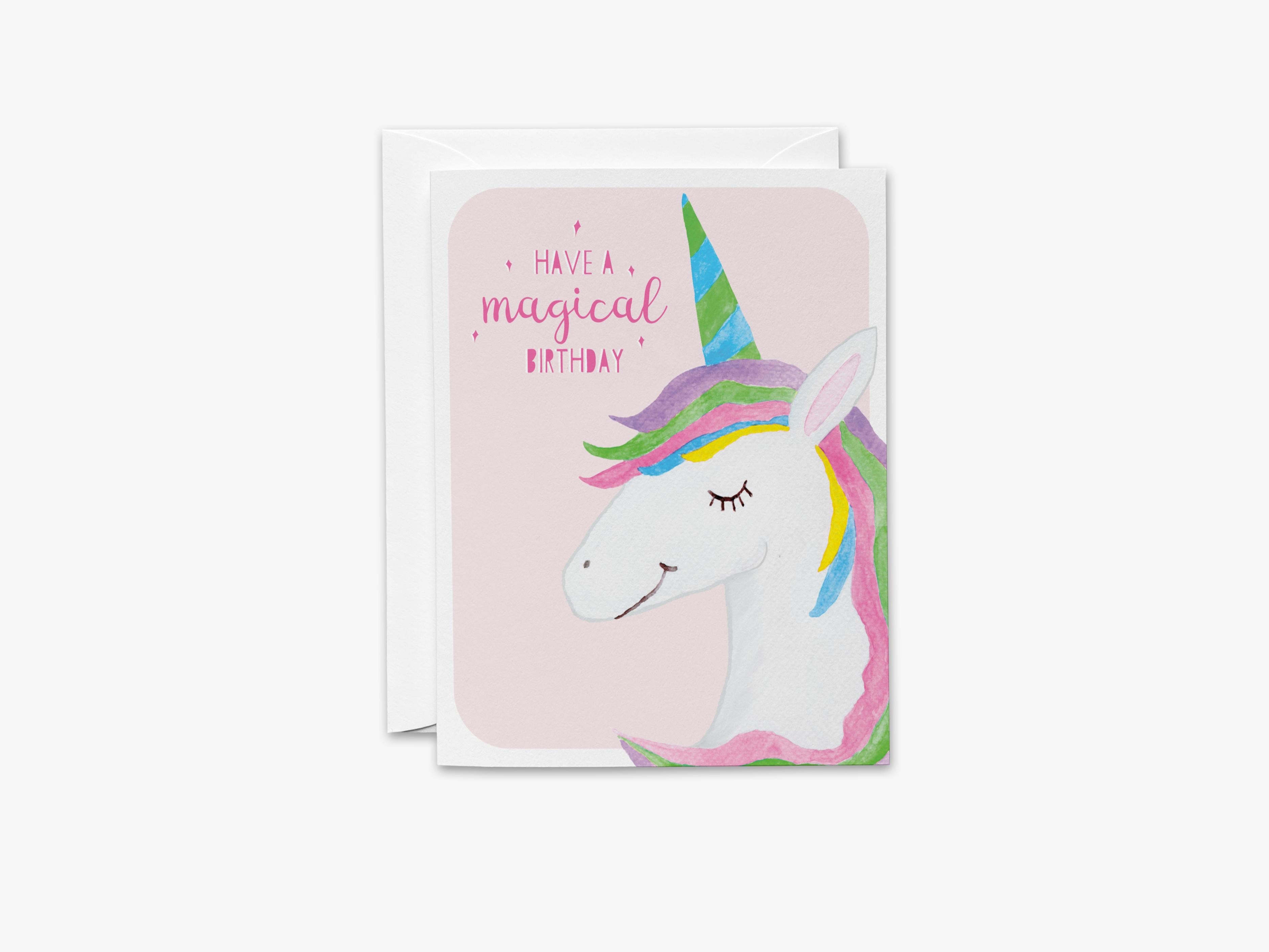 Unicorn Birthday Card-These folded birthday cards are 4.25x5.5 and feature our hand-painted unicorn, printed in the USA on 100lb textured stock. They come with a White envelope and make a great card for a magical birthday.-The Singing Little Bird
