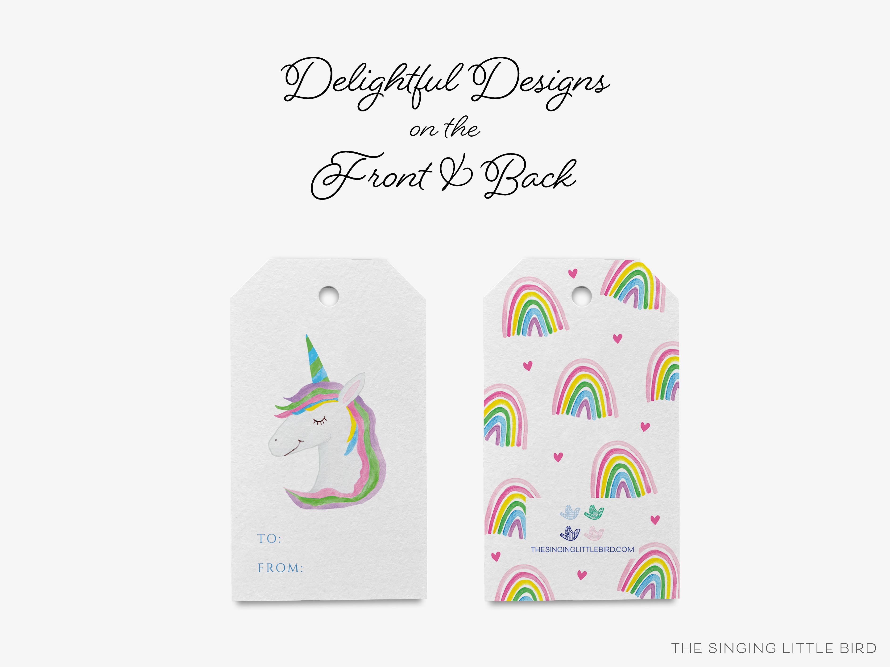 Unicorn Gift Tags [Sets of 8]-These gift tags come in sets, hole-punched with white twine and feature our hand-painted watercolor unicorns, printed in the USA on 120lb textured stock. They make great tags for gifting or gifts for the magical kid in your life.-The Singing Little Bird
