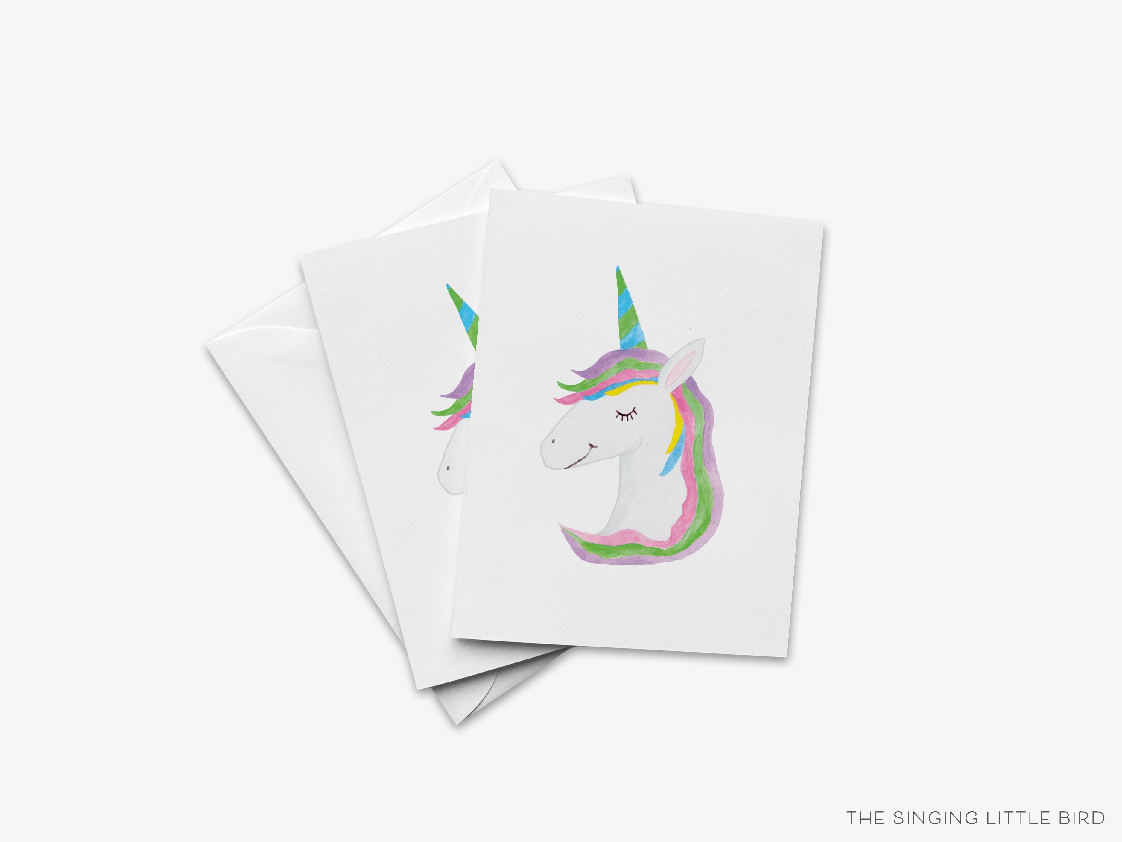 Unicorn Greeting Card-These folded birthday cards are 4.25x5.5 and feature our hand-painted unicorn, printed in the USA on 100lb textured stock. They come with a White envelope and make a great just because card for the make-believe lover in your life.-The Singing Little Bird