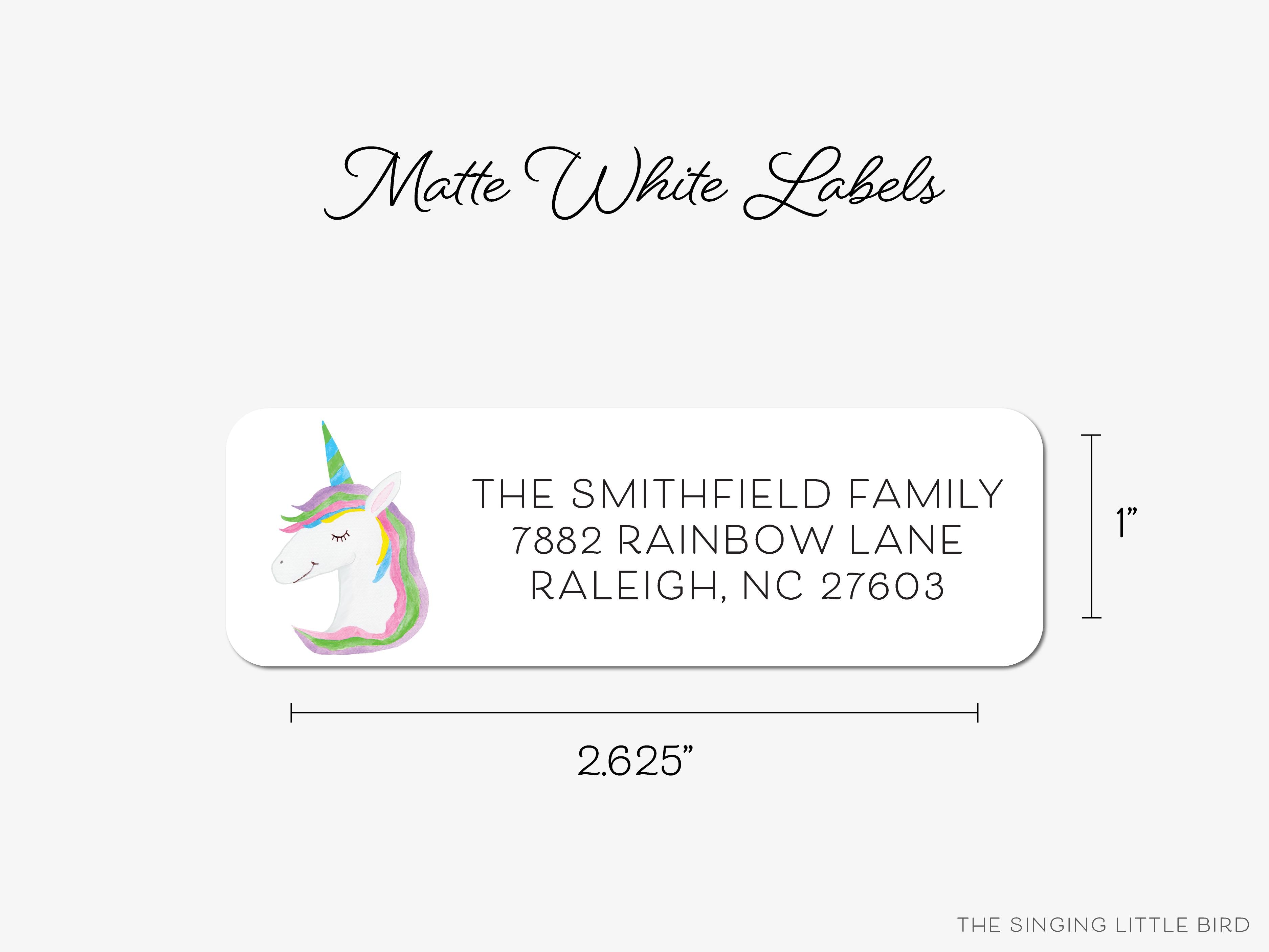 Unicorn Return Address Labels-These personalized return address labels are 2.625" x 1" and feature our hand-painted watercolor unicorn, printed in the USA on beautiful matte finish labels. These make gifts for yourself or the make-believe lover. -The Singing Little Bird