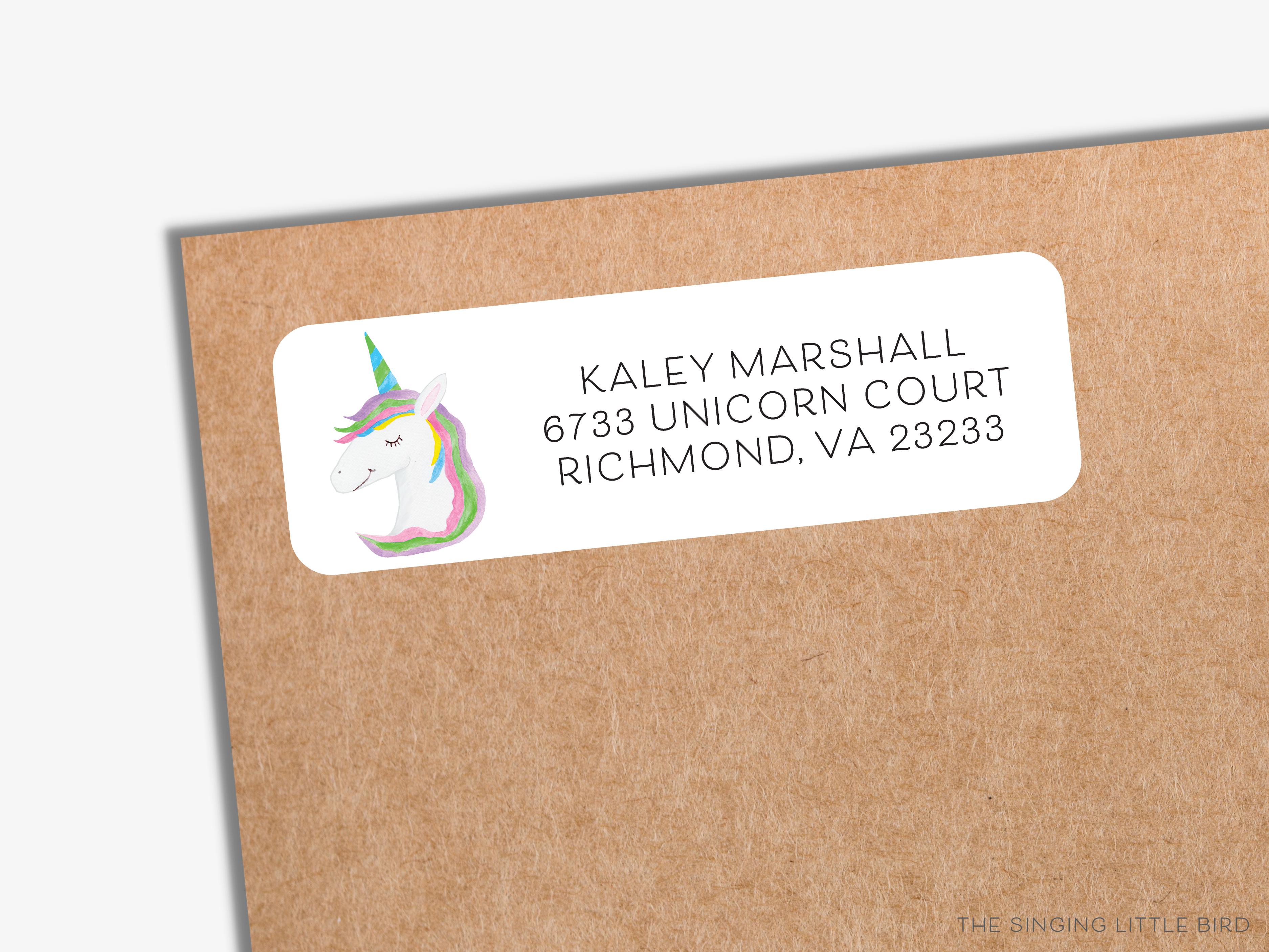 Unicorn Return Address Labels-These personalized return address labels are 2.625" x 1" and feature our hand-painted watercolor unicorn, printed in the USA on beautiful matte finish labels. These make gifts for yourself or the make-believe lover. -The Singing Little Bird