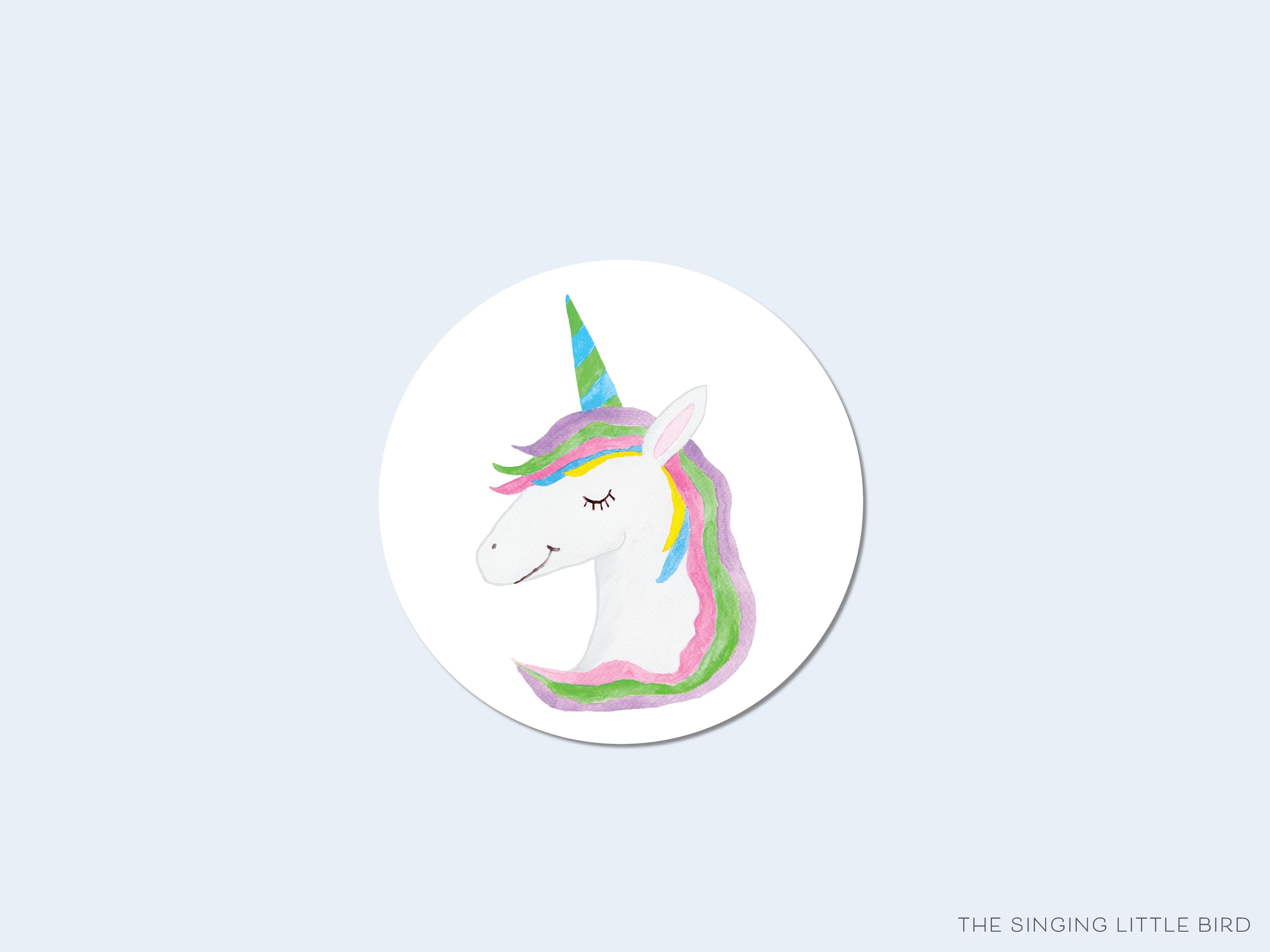 Unicorn Round Stickers-These matte round stickers feature our hand-painted watercolor Unicorn, making great envelope seals or gifts for the make believe lover in your life.-The Singing Little Bird