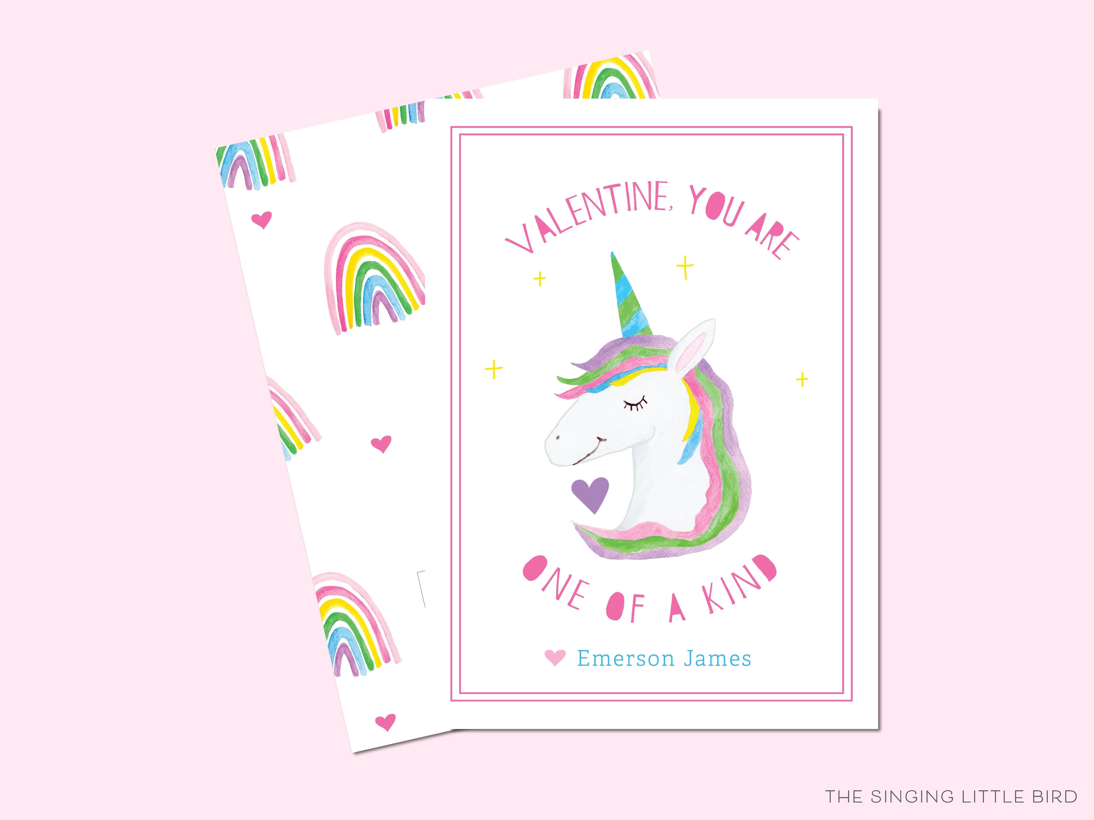 Unicorn Valentine's Day Cards-These personalized flat notecards are 3.5" x 4.875 and feature our hand-painted watercolor unicorn, printed in the USA on 120lb textured stock. They come with white envelopes and make great Valentine's Day cards for kids and magical lovers in your life.-The Singing Little Bird