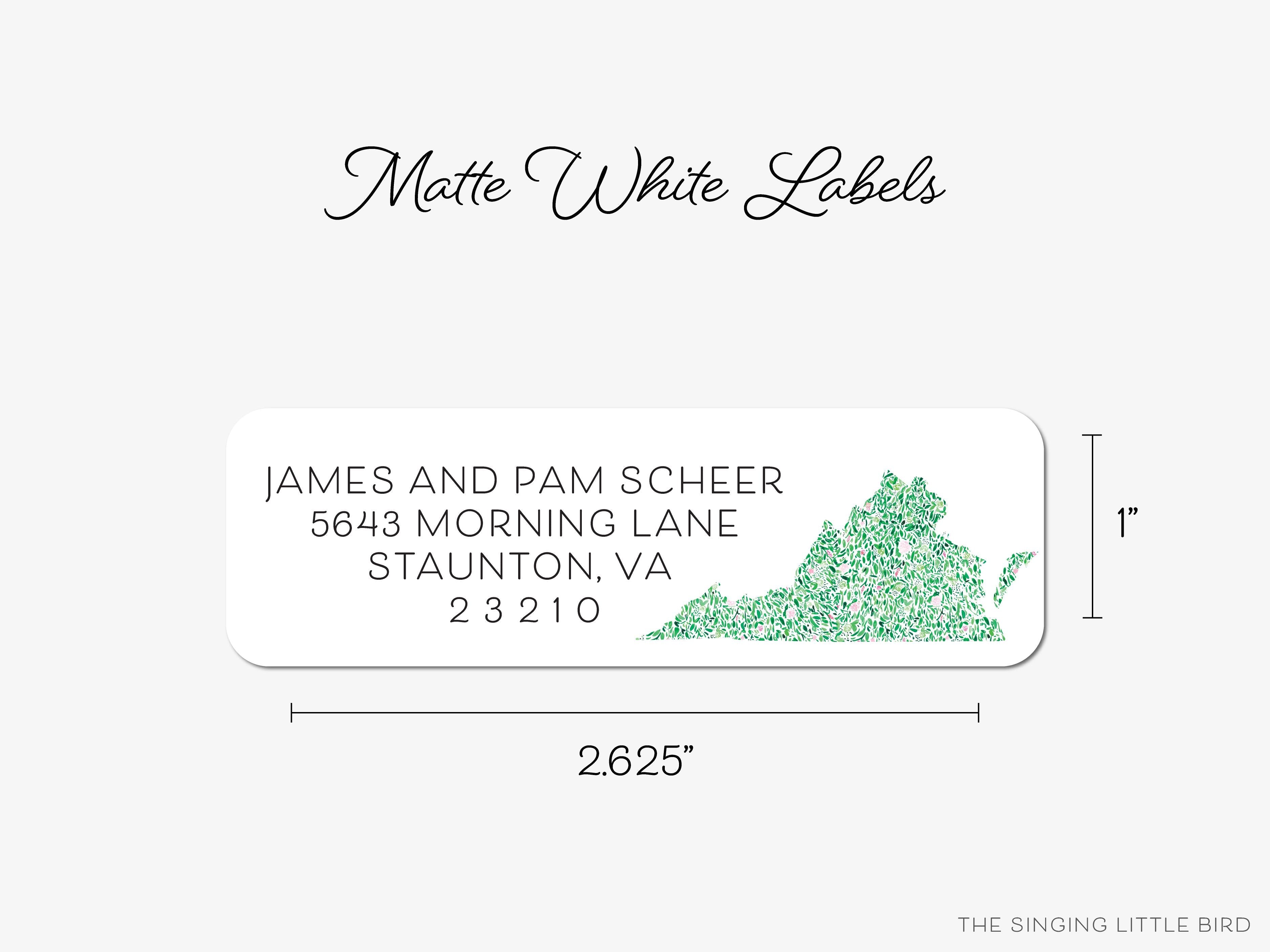 Virginia Return Address Labels-These personalized return address labels are 2.625" x 1" and feature our hand-painted watercolor floral pattern inside the shape of Virginia, printed in the USA on beautiful matte finish labels. These make great gifts for yourself or the state lover.-The Singing Little Bird