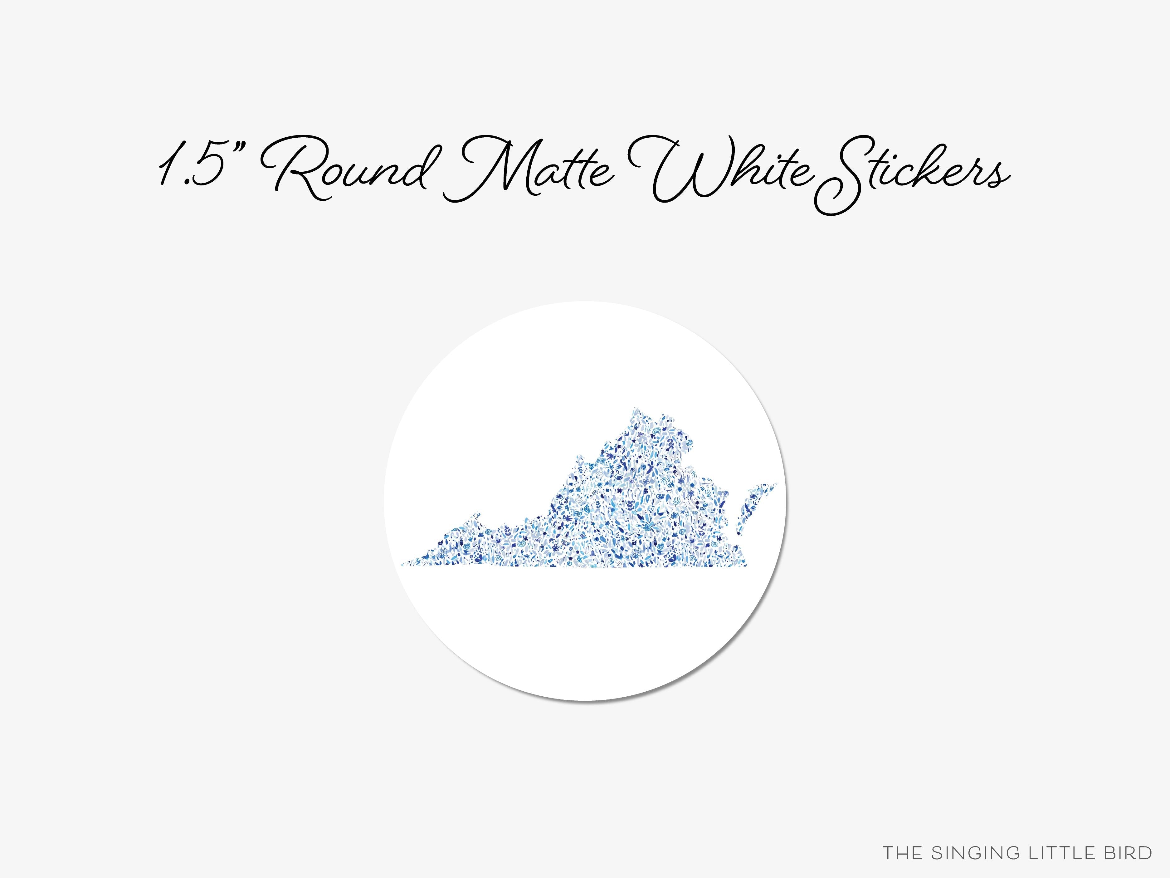 Virginia Round Stickers-These matte round stickers feature our hand-painted watercolor floral pattern in the shape of Virginia, making great envelope seals or gifts for the Virginian lover in your life.-The Singing Little Bird