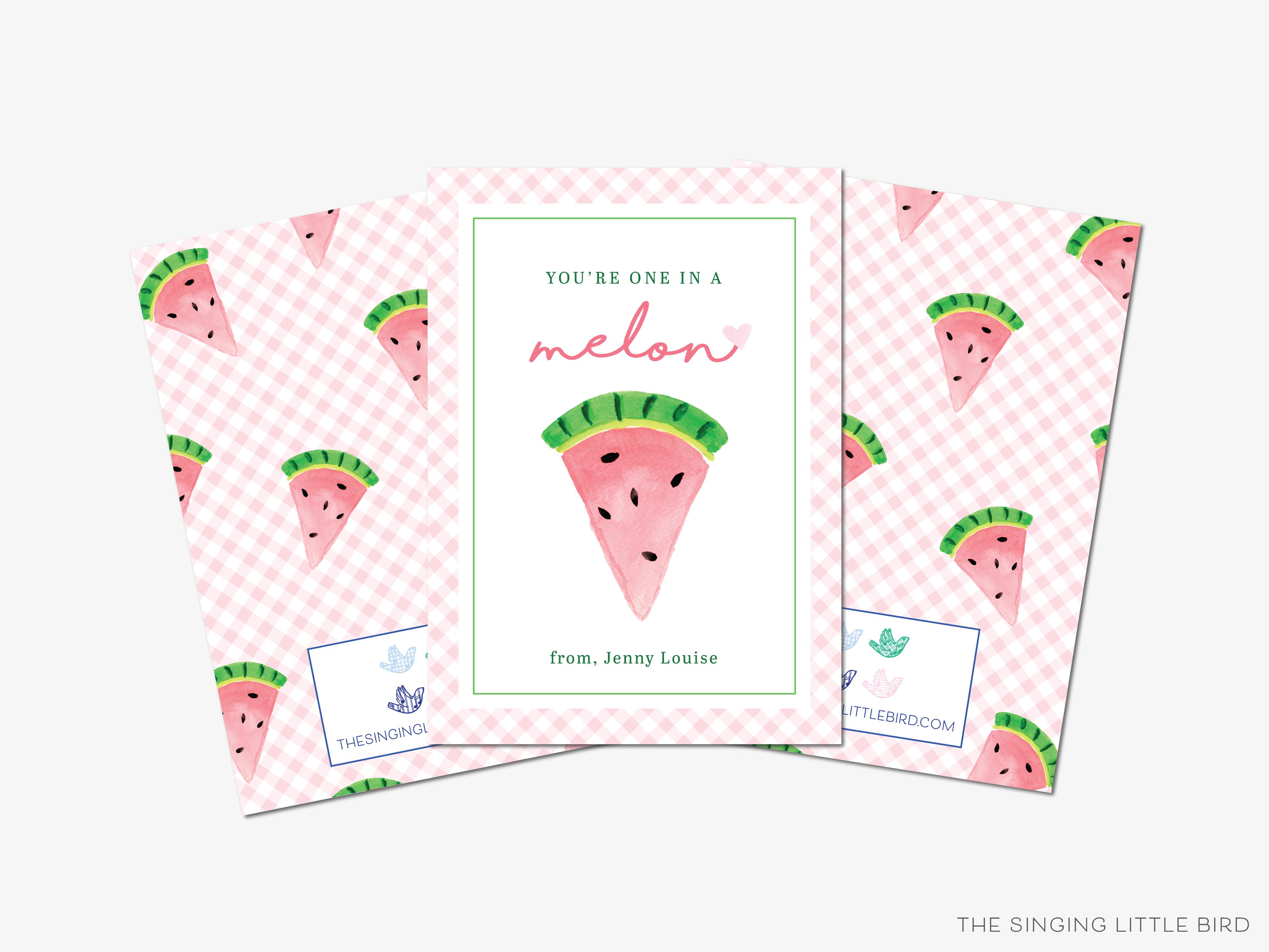 Watermelon Valentine's Day Cards-These personalized flat notecards are 3.5" x 4.875 and feature our hand-painted watercolor watermelon, printed in the USA on 120lb textured stock. They come with white envelopes and make great Valentine's Day cards for kids and fruit lovers in your life.-The Singing Little Bird