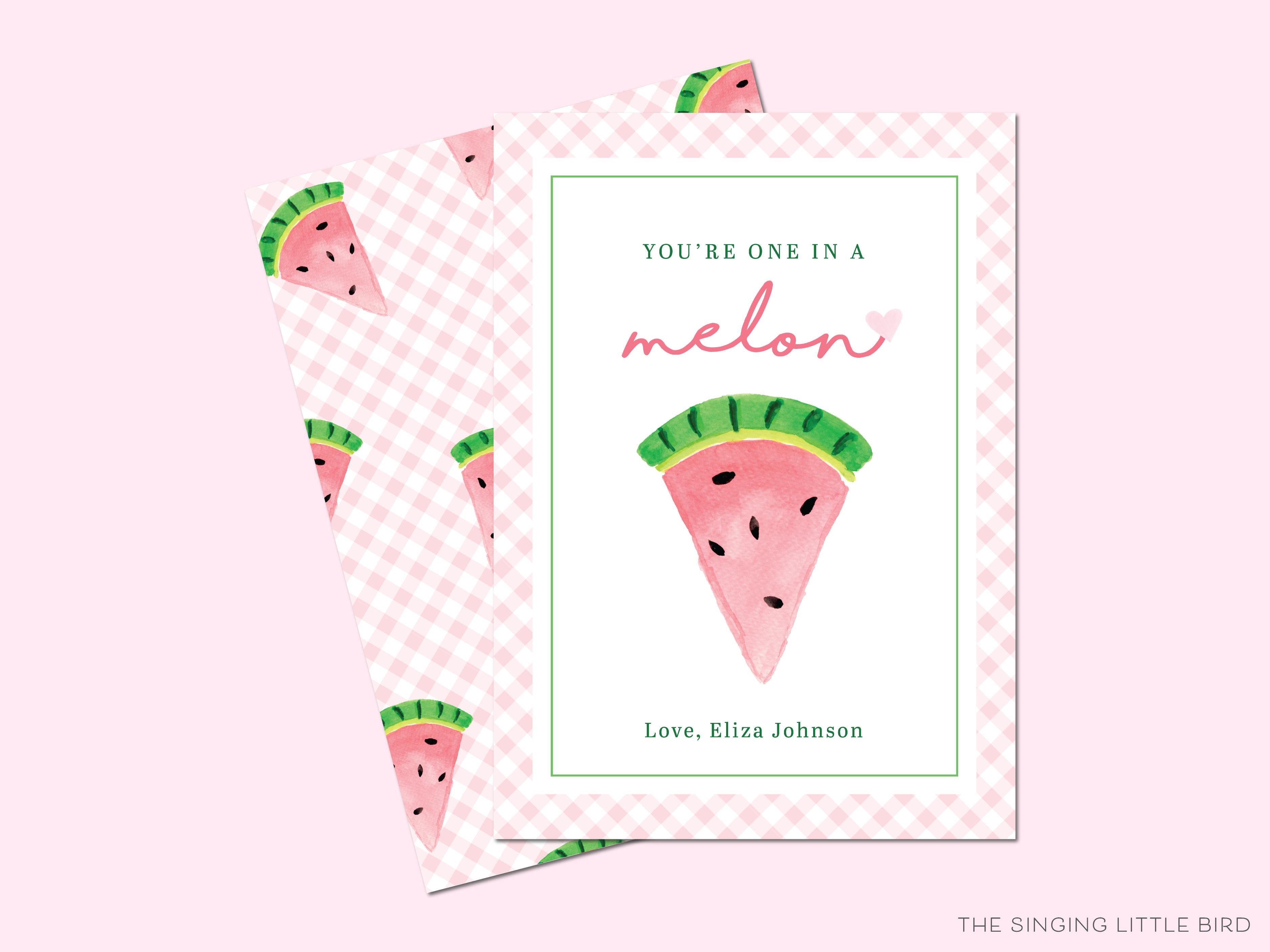 Watermelon Valentine's Day Cards-These personalized flat notecards are 3.5" x 4.875 and feature our hand-painted watercolor watermelon, printed in the USA on 120lb textured stock. They come with white envelopes and make great Valentine's Day cards for kids and fruit lovers in your life.-The Singing Little Bird