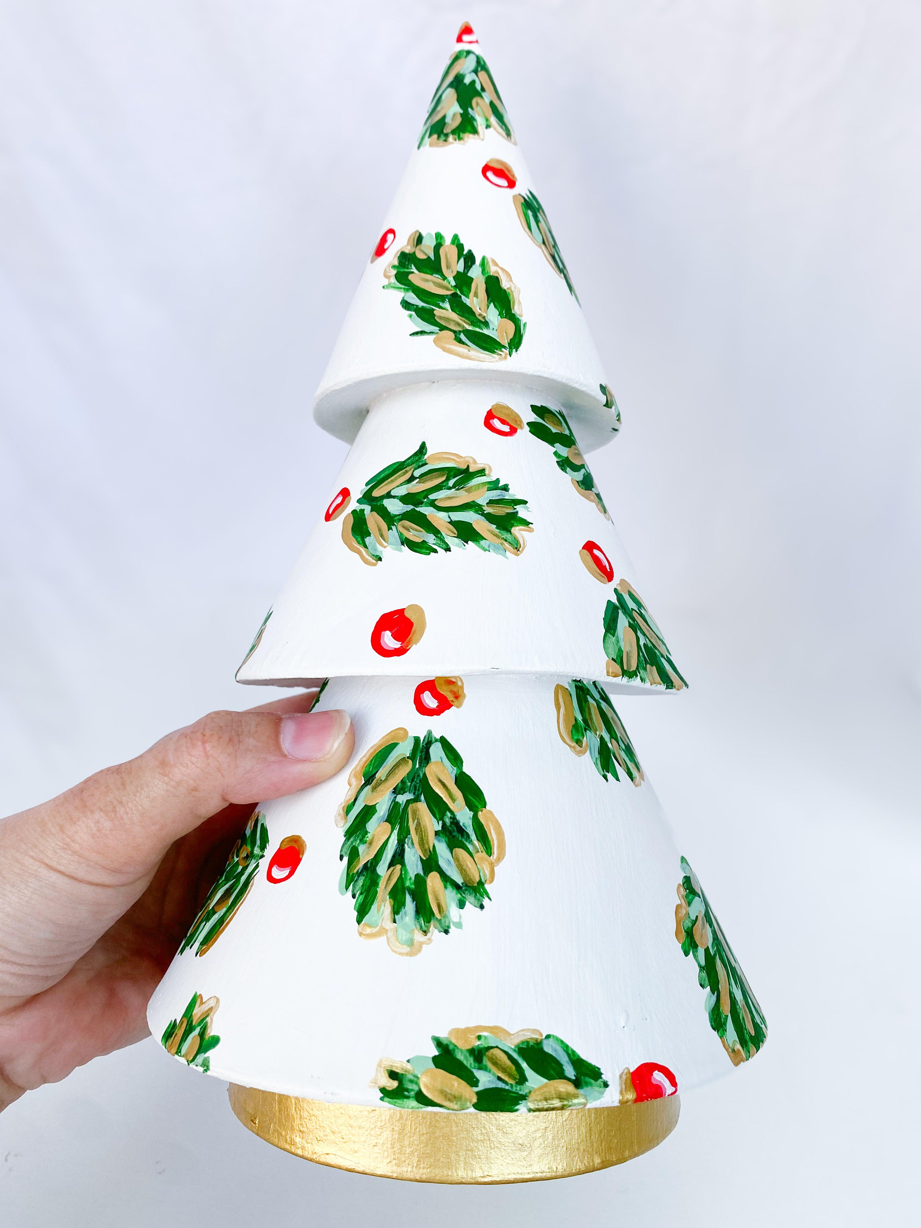 Winter Pearl Golden Holly Mini Tree - Tall-Hand-Painted Mini Christmas Tree | Measures 12" tall and approx. 6" wide | Features the Golden Holly design with an ivory base and shimmery gold accents and gold trunk | Light-weight and non-breakable paper mache tree | Coated with a protective matte finish that will keep it shimmering year after year | Each tree is slightly different with potential small imperfections due to the hand-painted nature, making each one special and unique!-The Singing Little Bird