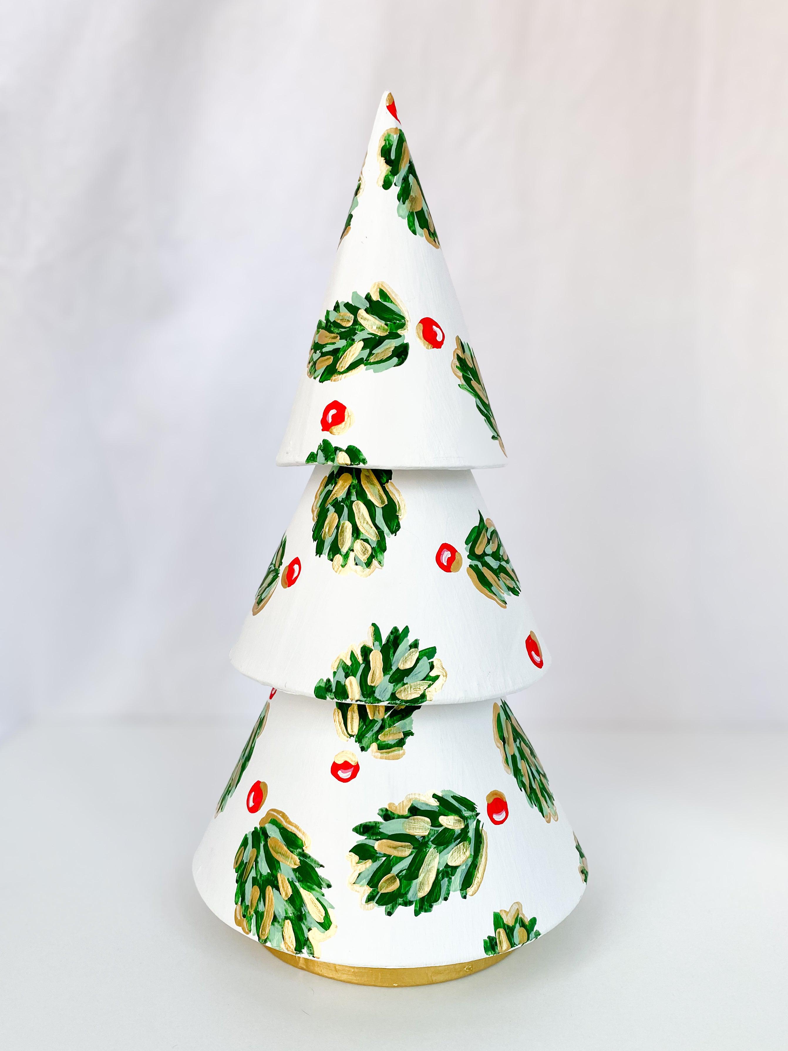 Winter Pearl Golden Holly Mini Tree - Tall-Hand-Painted Mini Christmas Tree | Measures 12" tall and approx. 6" wide | Features the Golden Holly design with an ivory base and shimmery gold accents and gold trunk | Light-weight and non-breakable paper mache tree | Coated with a protective matte finish that will keep it shimmering year after year | Each tree is slightly different with potential small imperfections due to the hand-painted nature, making each one special and unique!-The Singing Little Bird