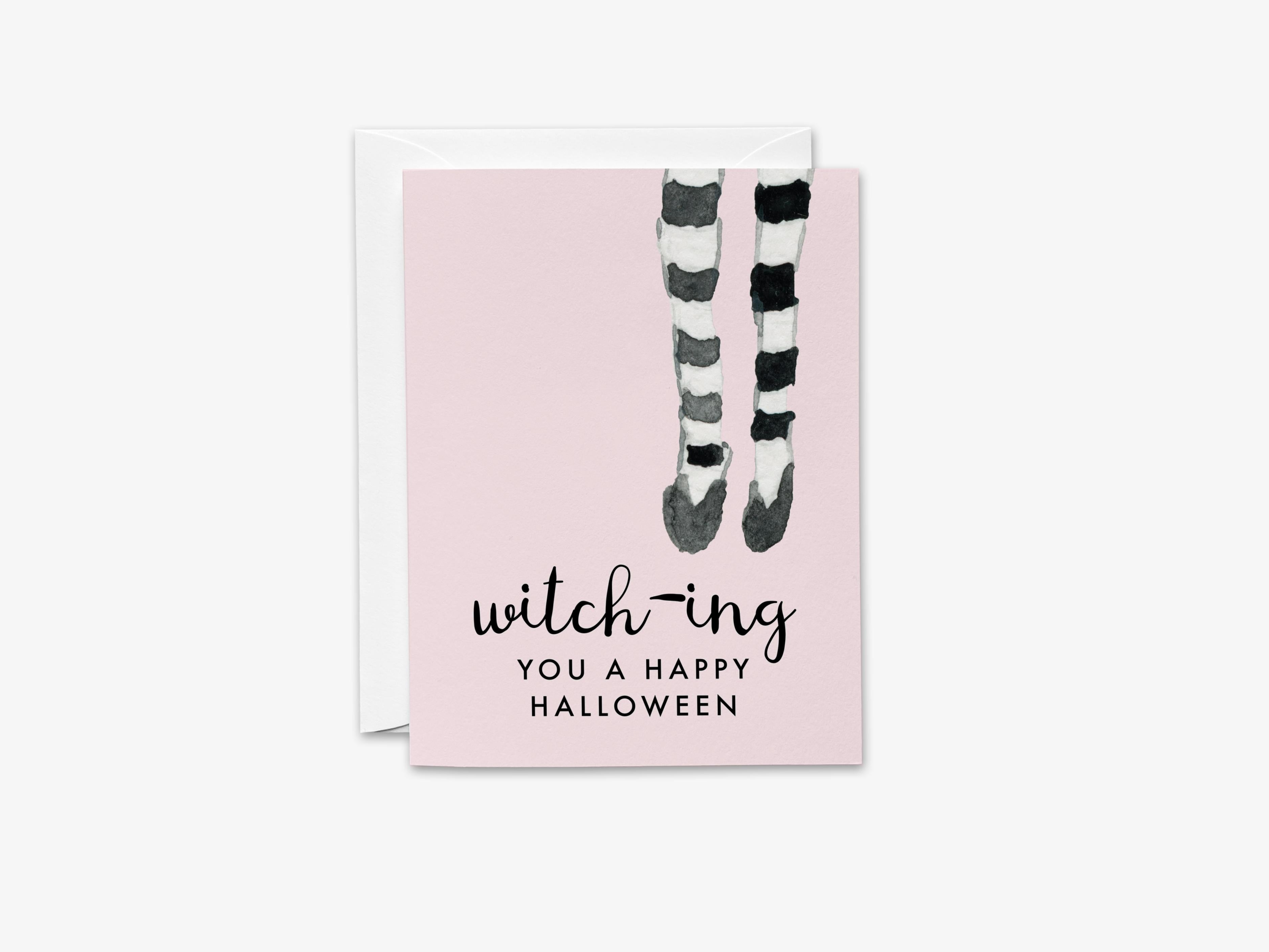 Witching You A Happy Halloween Greeting Card-These folded greeting cards are 4.25x5.5 and feature our hand-painted black and white stockings and shoes, printed in the USA on 100lb textured stock. They come with a White envelope and make a great Halloween card for the witch lover in your life.-The Singing Little Bird