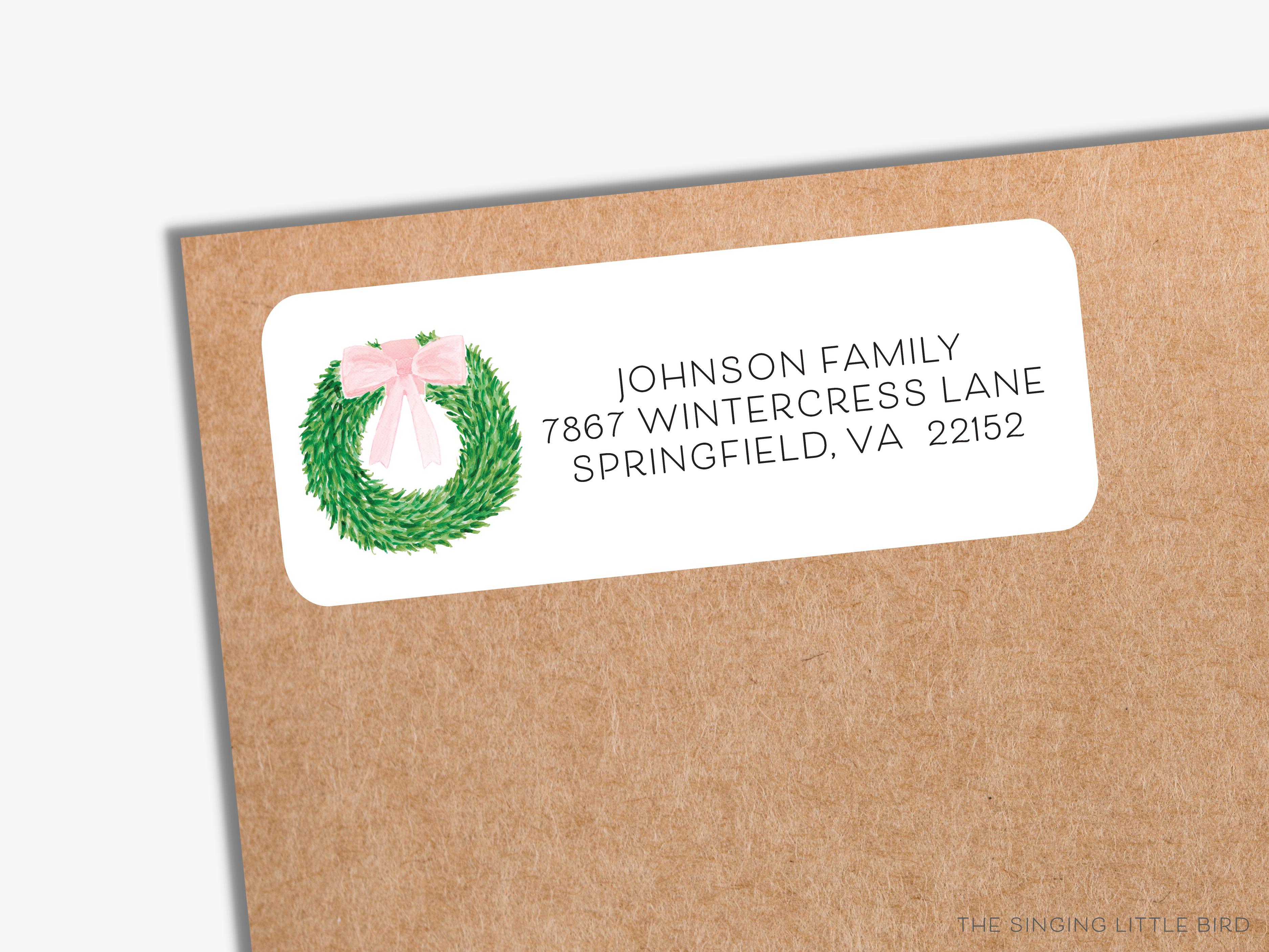 Wreath With Pink Bow Return Address Labels-These personalized return address labels are 2.625" x 1" and feature our hand-painted watercolor wreath with pink bow, printed in the USA on beautiful matte finish labels. These make great gifts for yourself or the spring time lover.-The Singing Little Bird