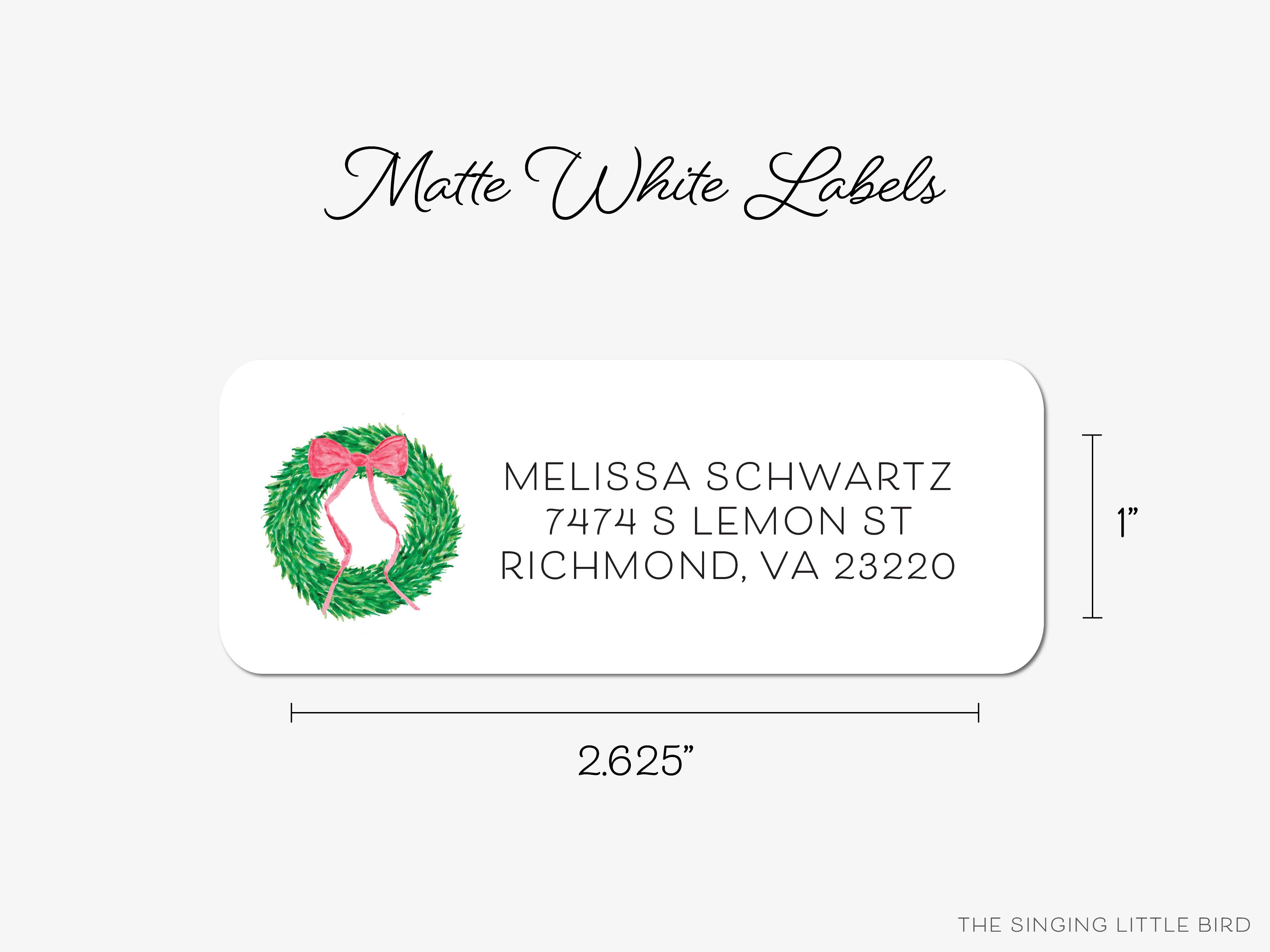 Wreath With Red Bow Return Address Labels-These personalized return address labels are 2.625" x 1" and feature our hand-painted watercolor wreath with red bow, printed in the USA on beautiful matte finish labels. These make great gifts for yourself or the Christmas wreath lover.-The Singing Little Bird