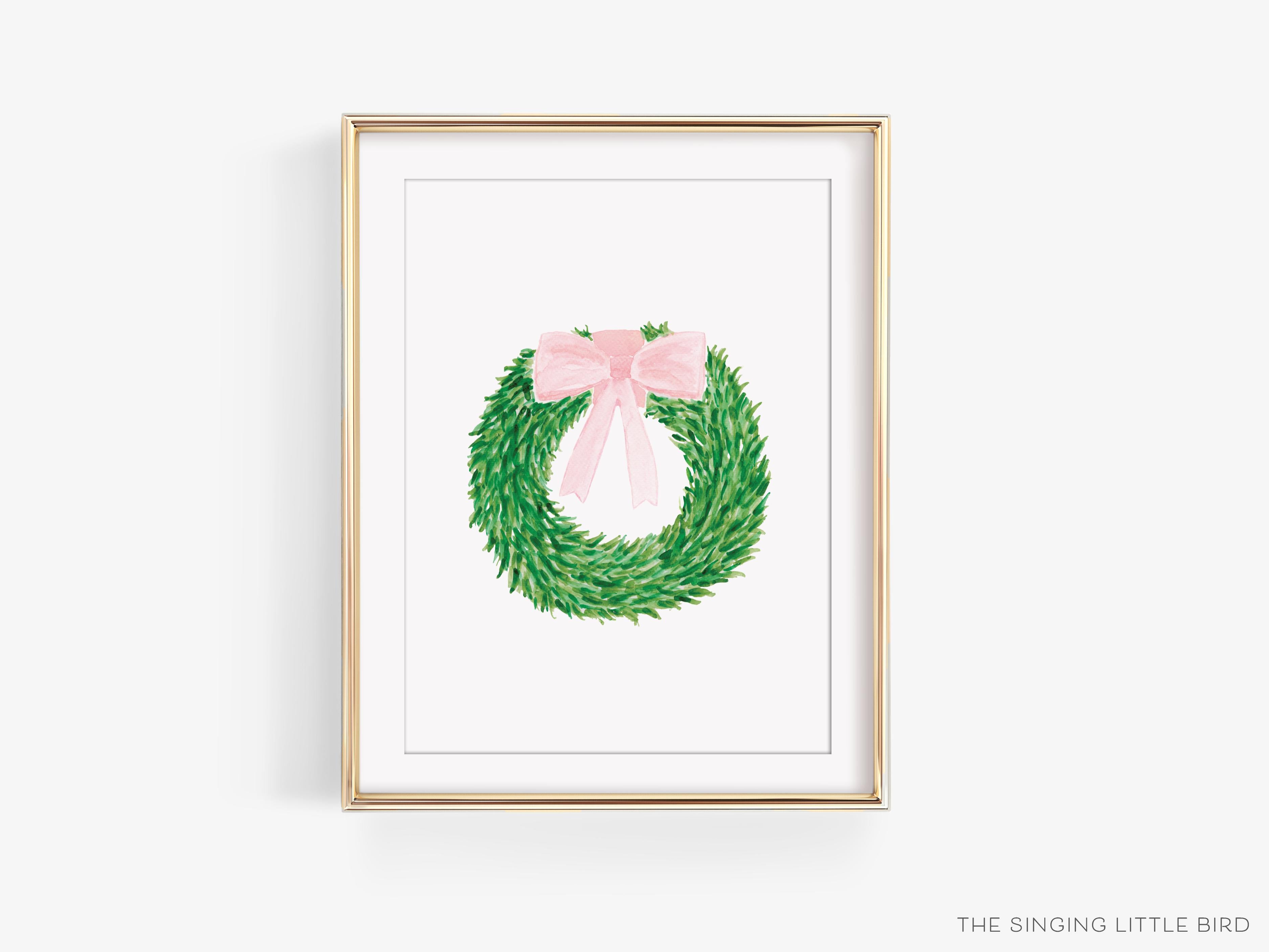 Wreath with Pink Bow Art Print-This watercolor art print features our hand-painted wreath with bow, printed in the USA on 120lb high quality art paper. This makes a great gift or wall decor for the spring time lover in your life.-The Singing Little Bird