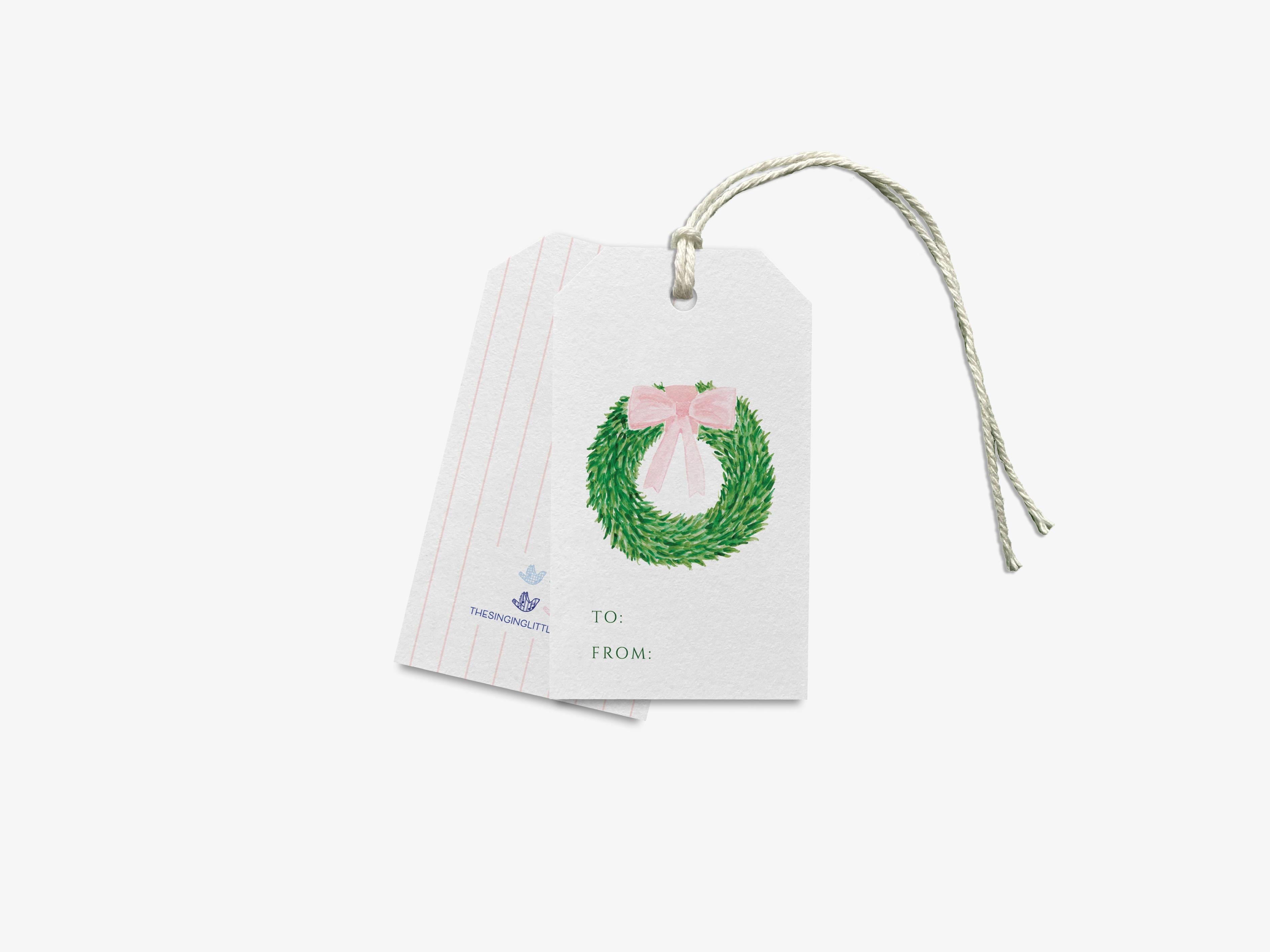 Wreath with Pink Bow Gift Tags [Set of 8]-These gift tags come in sets, hole-punched with white twine and feature our hand-painted watercolor wreath with pink bow, printed in the USA on 120lb textured stock. They make great tags for gifting or gifts for the springtime lover in your life.-The Singing Little Bird
