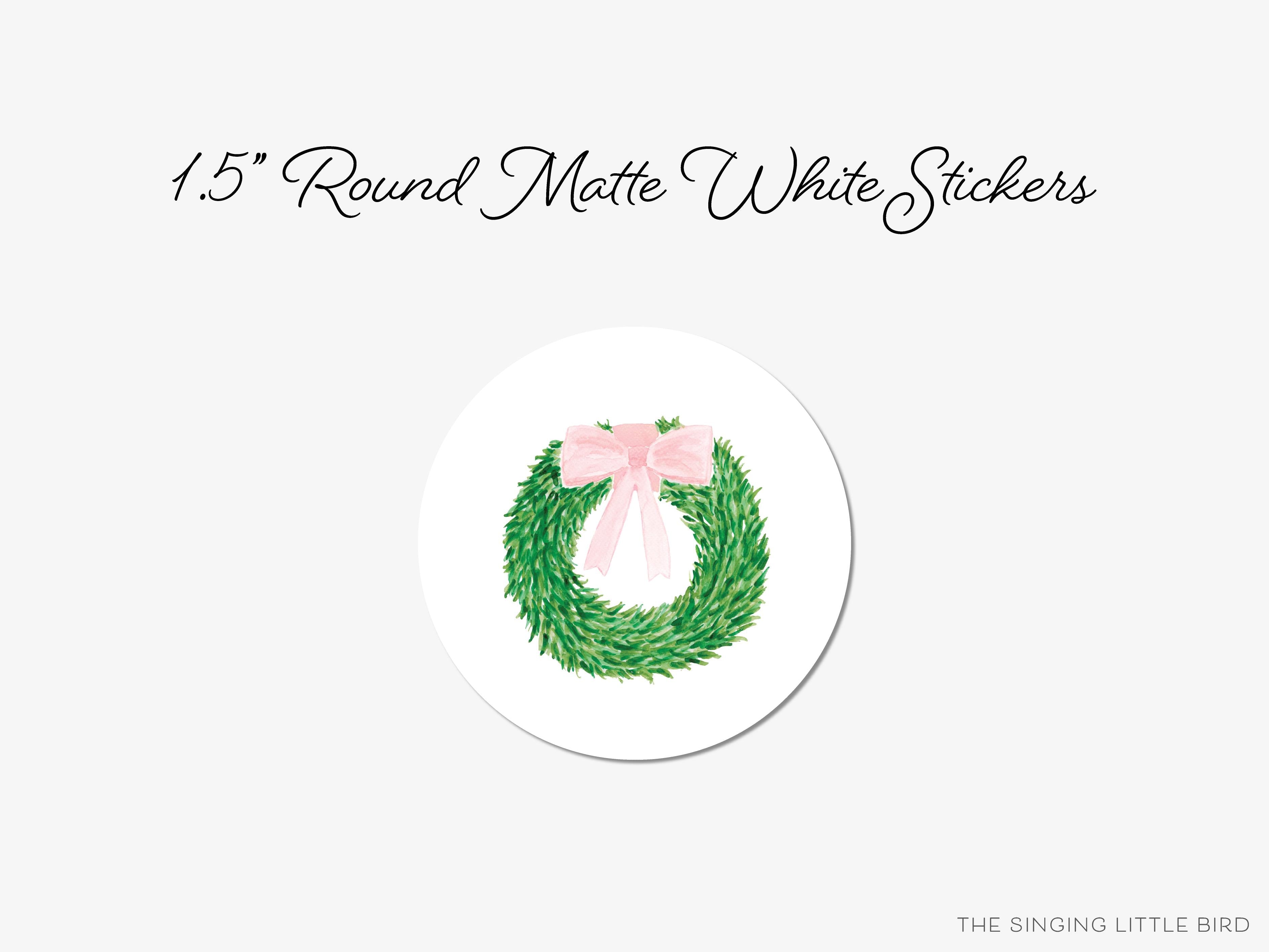 Wreath with Pink Bow Round Stickers-These matte round stickers feature our hand-painted watercolor wreath and pink bow, making great envelope seals or gifts for the springtime wreath lover in your life.-The Singing Little Bird