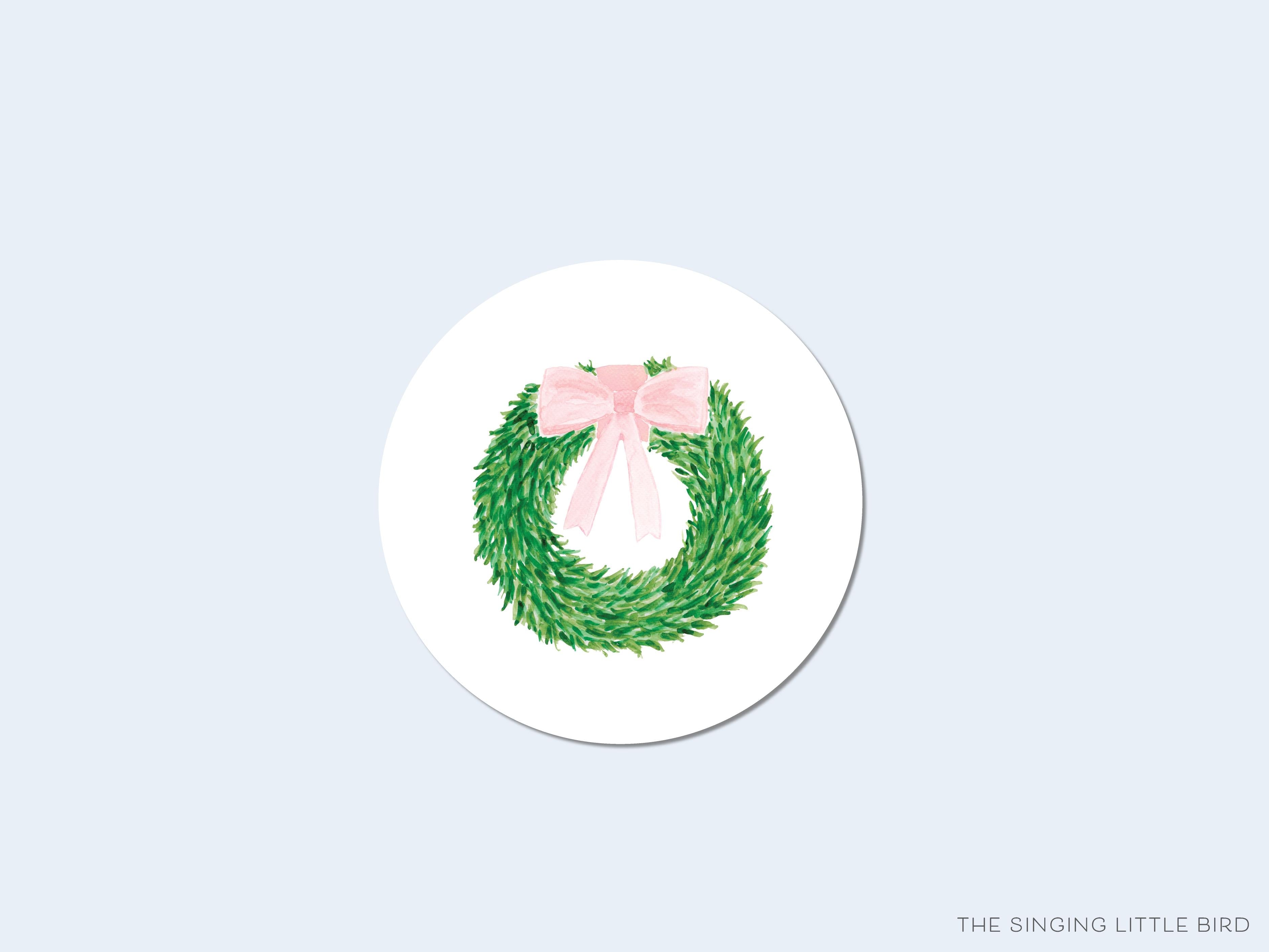 Wreath with Pink Bow Round Stickers-These matte round stickers feature our hand-painted watercolor wreath and pink bow, making great envelope seals or gifts for the springtime wreath lover in your life.-The Singing Little Bird