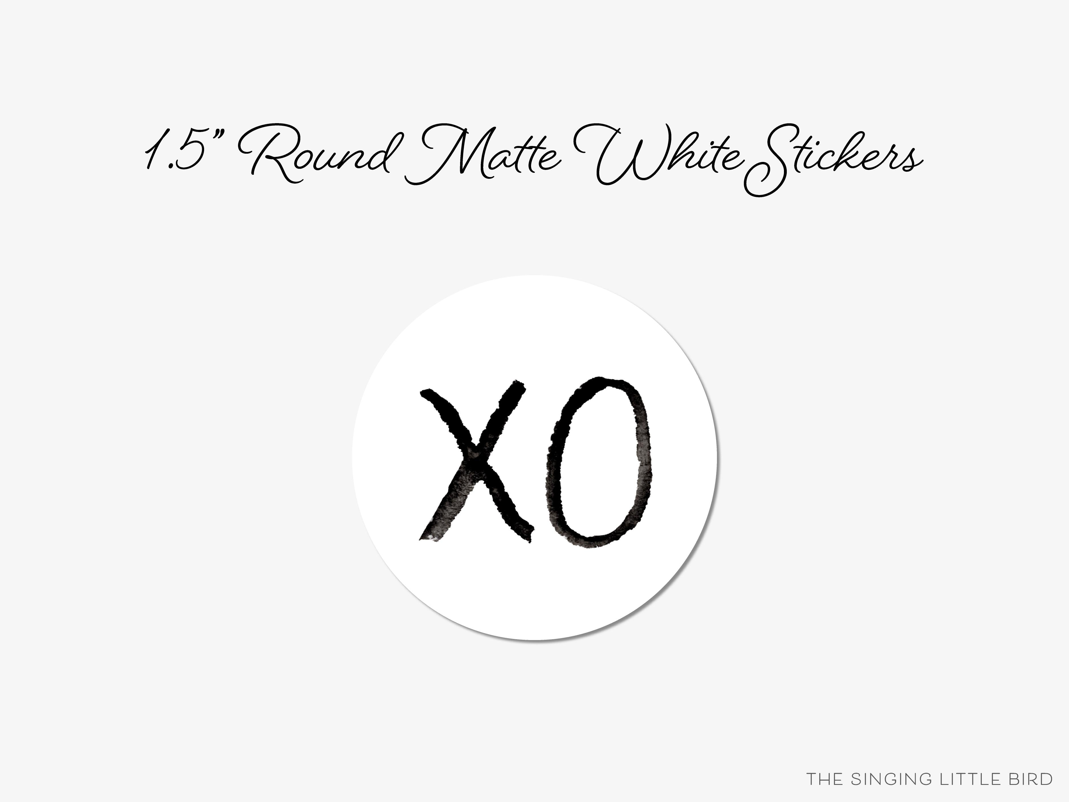 XO Black Round Stickers-These matte round stickers feature our hand-painted watercolor XO, making great envelope seals or gifts for the hugs and kisses lover in your life.-The Singing Little Bird