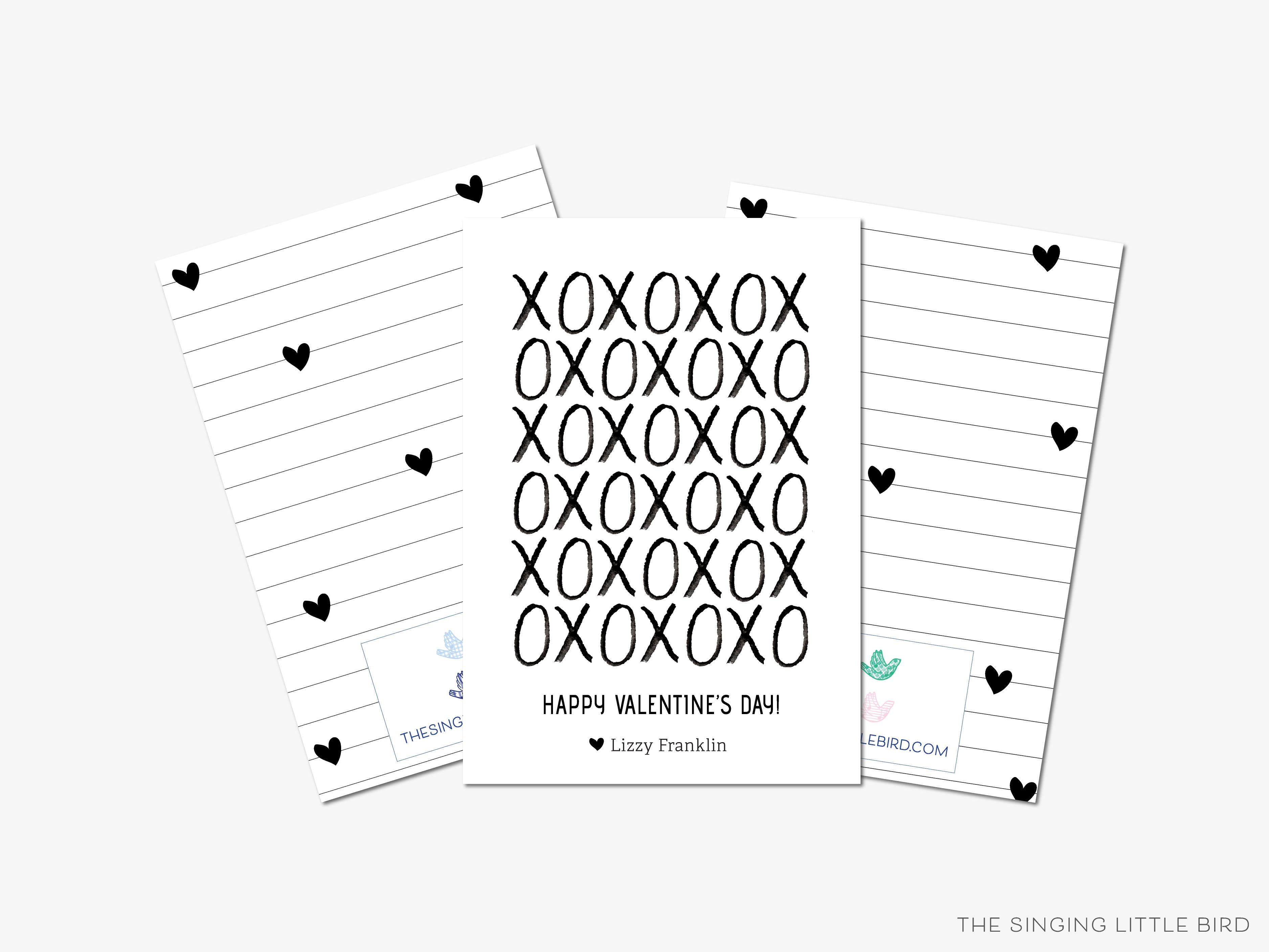 XOXO Black and White Valentine's Day Cards-These personalized flat notecards are 3.5" x 4.875 and feature our hand-painted watercolor xoxo, printed in the USA on 120lb textured stock. They come with white envelopes and make great Valentine's Day cards for kids and black and white chic lovers in your life.-The Singing Little Bird
