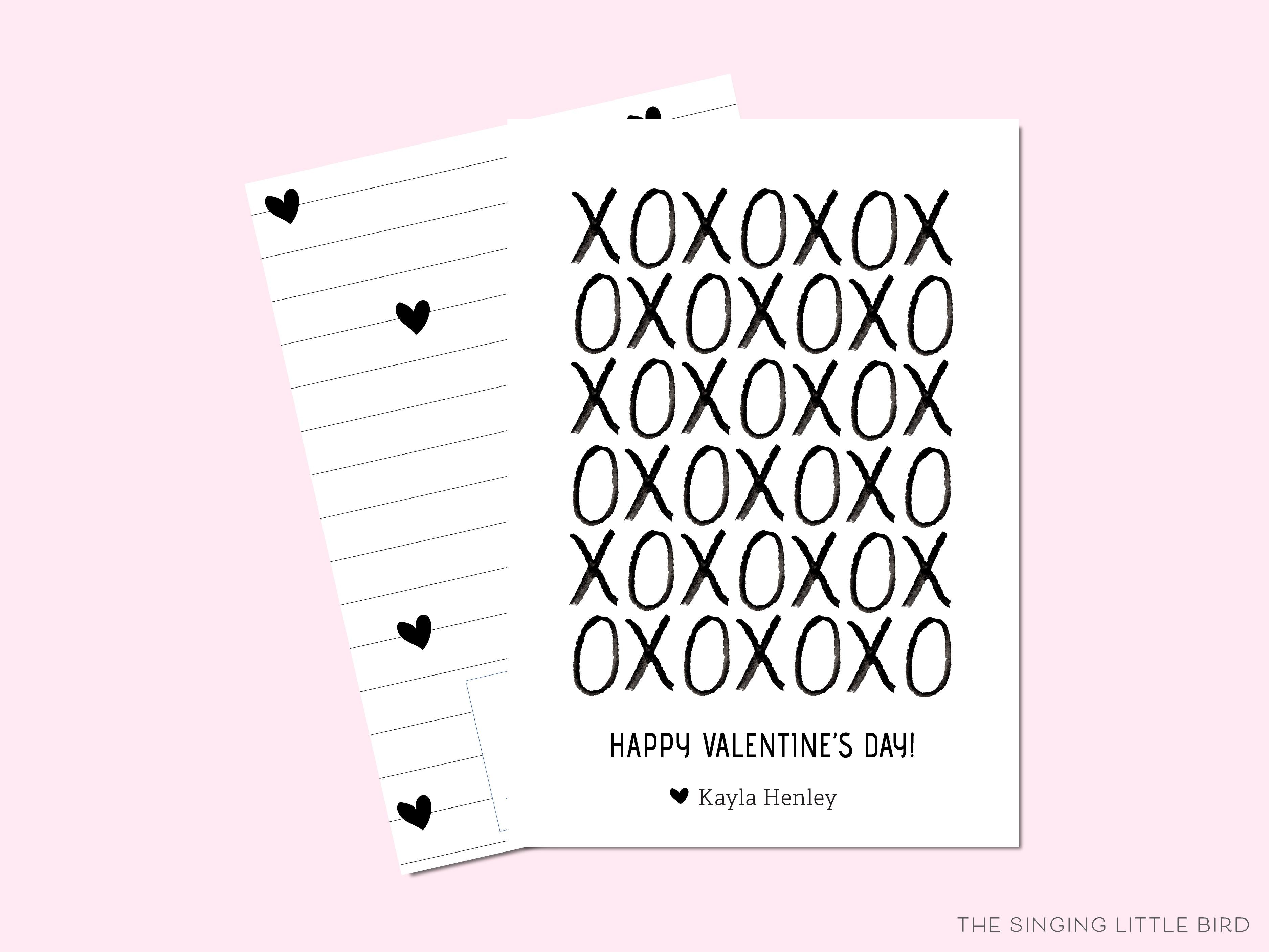 XOXO Black and White Valentine's Day Cards-These personalized flat notecards are 3.5" x 4.875 and feature our hand-painted watercolor xoxo, printed in the USA on 120lb textured stock. They come with white envelopes and make great Valentine's Day cards for kids and black and white chic lovers in your life.-The Singing Little Bird
