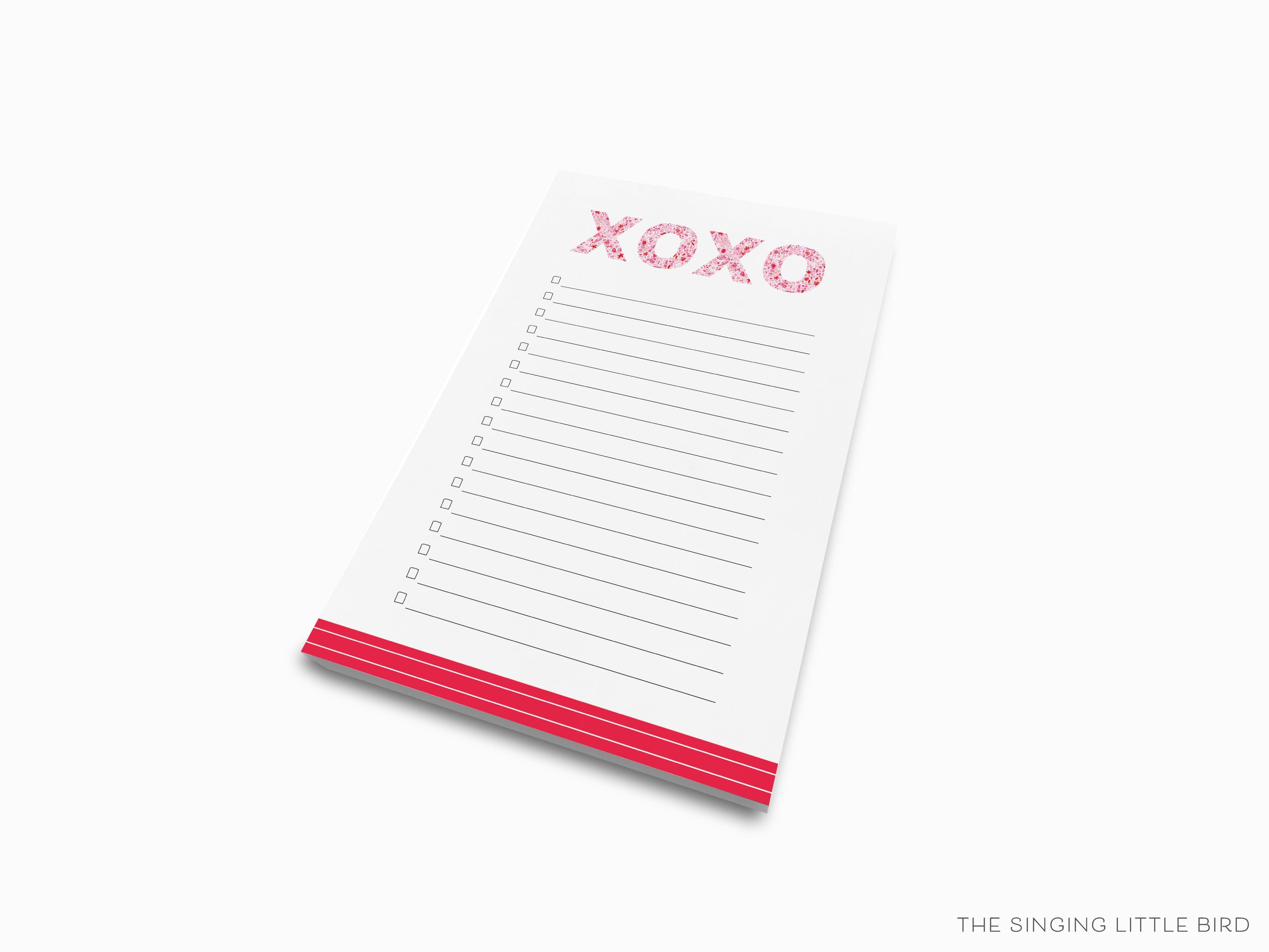 XOXO Pink and Red Pattern Notepad-These notepads feature our hand-painted watercolor floral pattern xoxo, printed in the USA on a beautiful smooth stock. You choose which size you want (or bundled together for a beautiful gift set) and makes a great gift for the checklist and hugs and kisses lover in your life.-The Singing Little Bird