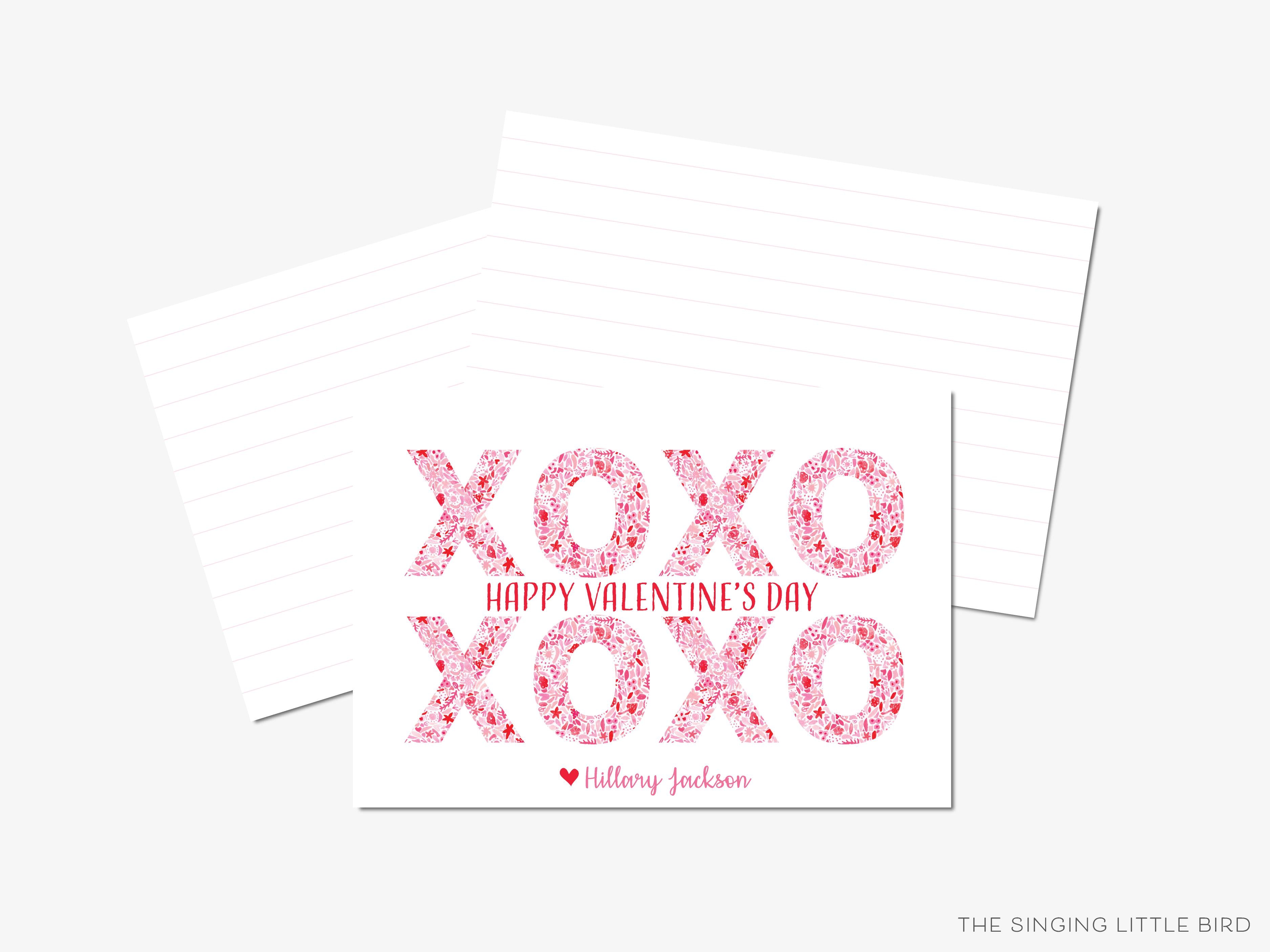XOXO Pink and Red Pattern Valentine's Day Cards-These personalized flat notecards are 3.5" x 4.875 and feature our hand-painted watercolor xoxo, printed in the USA on 120lb textured stock. They come with white envelopes and make great Valentine's Day cards for kids.-The Singing Little Bird