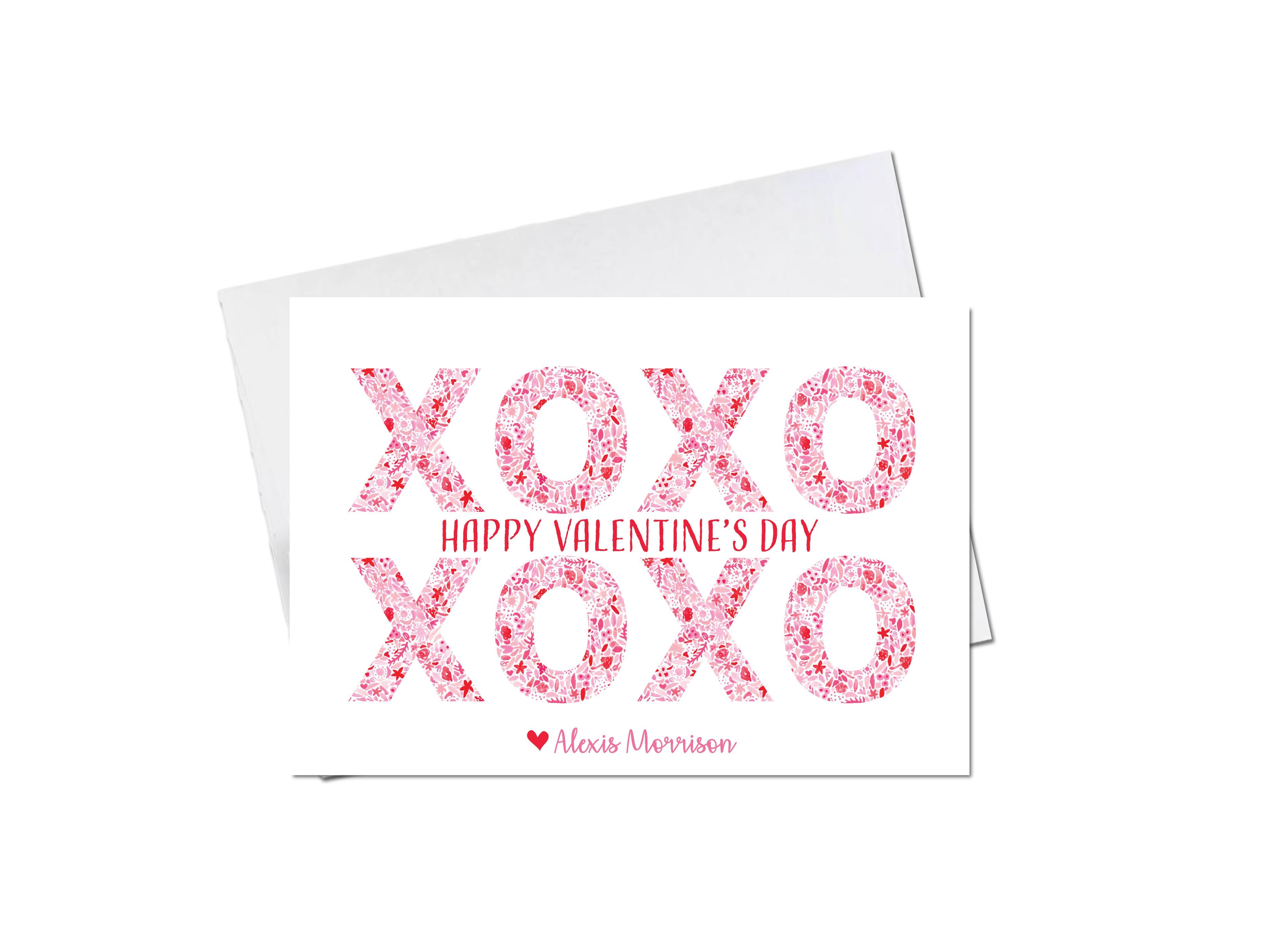 XOXO Pink and Red Pattern Valentine's Day Cards-These personalized flat notecards are 3.5" x 4.875 and feature our hand-painted watercolor xoxo, printed in the USA on 120lb textured stock. They come with white envelopes and make great Valentine's Day cards for kids.-The Singing Little Bird