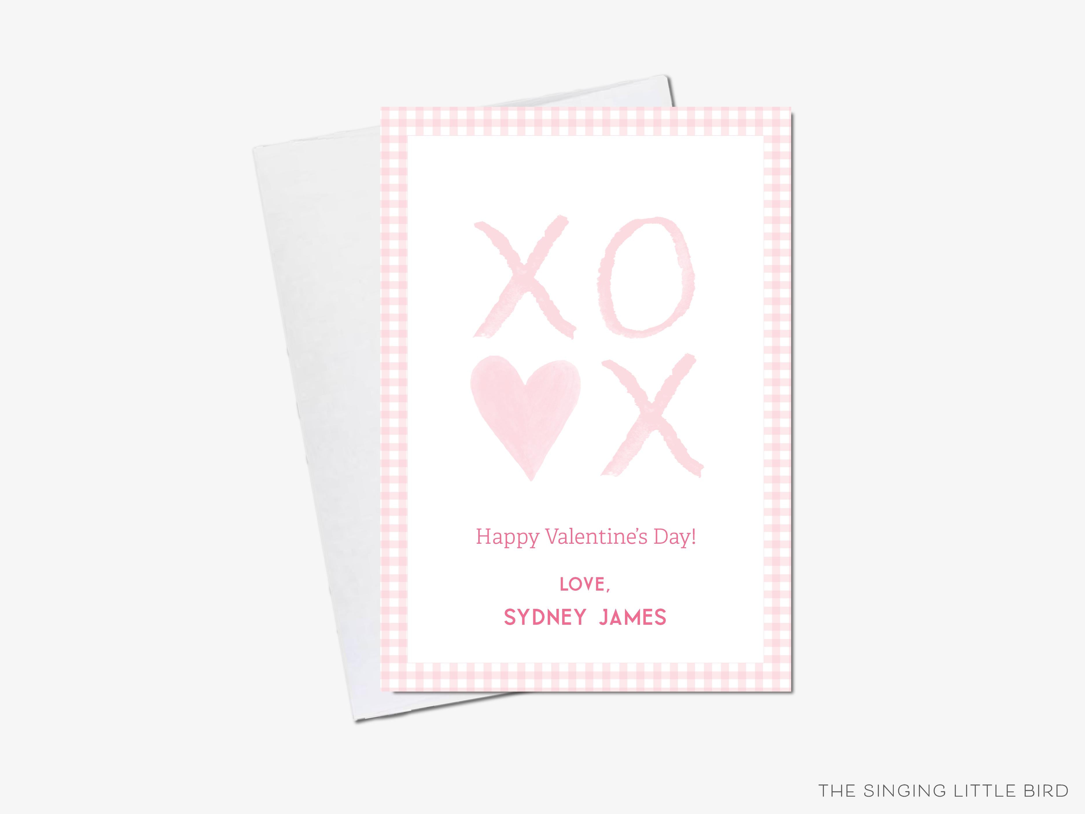XOXO Pink and White Valentine's Day Cards-These personalized flat notecards are 3.5" x 4.875 and feature our hand-painted watercolor xoxo, printed in the USA on 120lb textured stock. They come with white envelopes and make great Valentine's Day cards for kids.-The Singing Little Bird