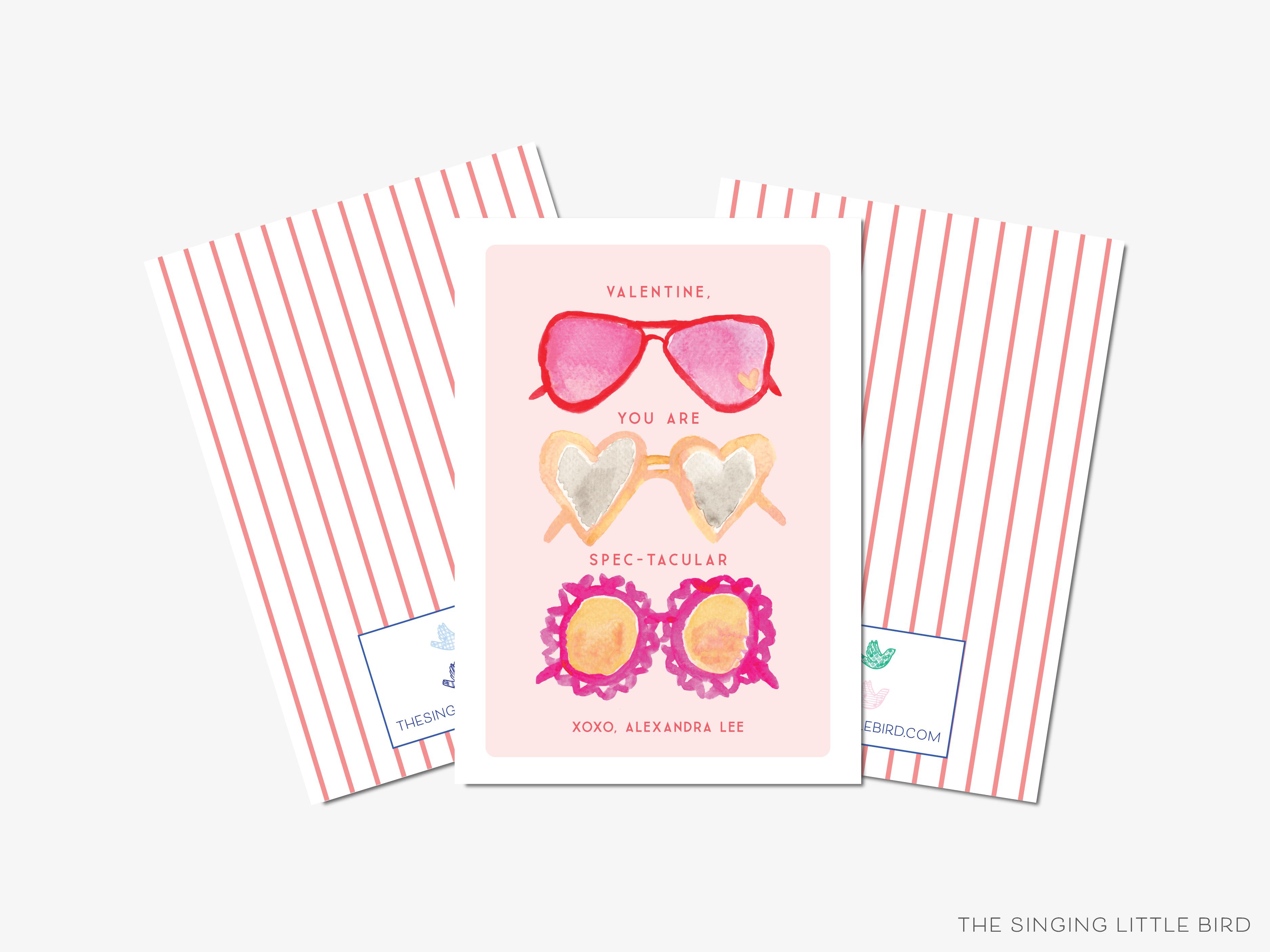 You Are Spectacular Valentine's Day Cards-These personalized flat notecards are 3.5" x 4.875 and feature our hand-painted watercolor sunglasses, printed in the USA on 120lb textured stock. They come with white envelopes and make great Valentine's Day cards for kids and sunny lovers in your life.-The Singing Little Bird