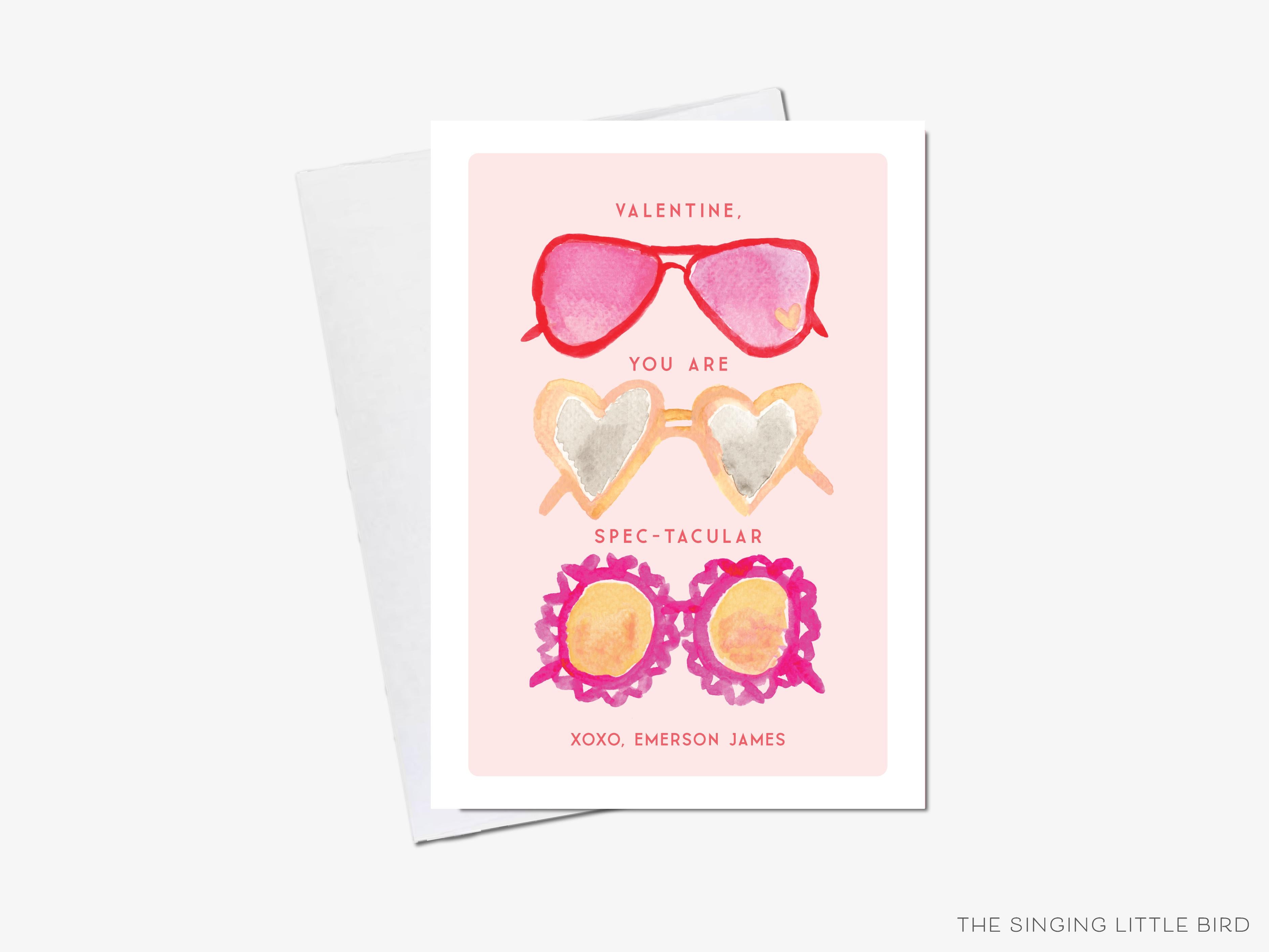 You Are Spectacular Valentine's Day Cards-These personalized flat notecards are 3.5" x 4.875 and feature our hand-painted watercolor sunglasses, printed in the USA on 120lb textured stock. They come with white envelopes and make great Valentine's Day cards for kids and sunny lovers in your life.-The Singing Little Bird