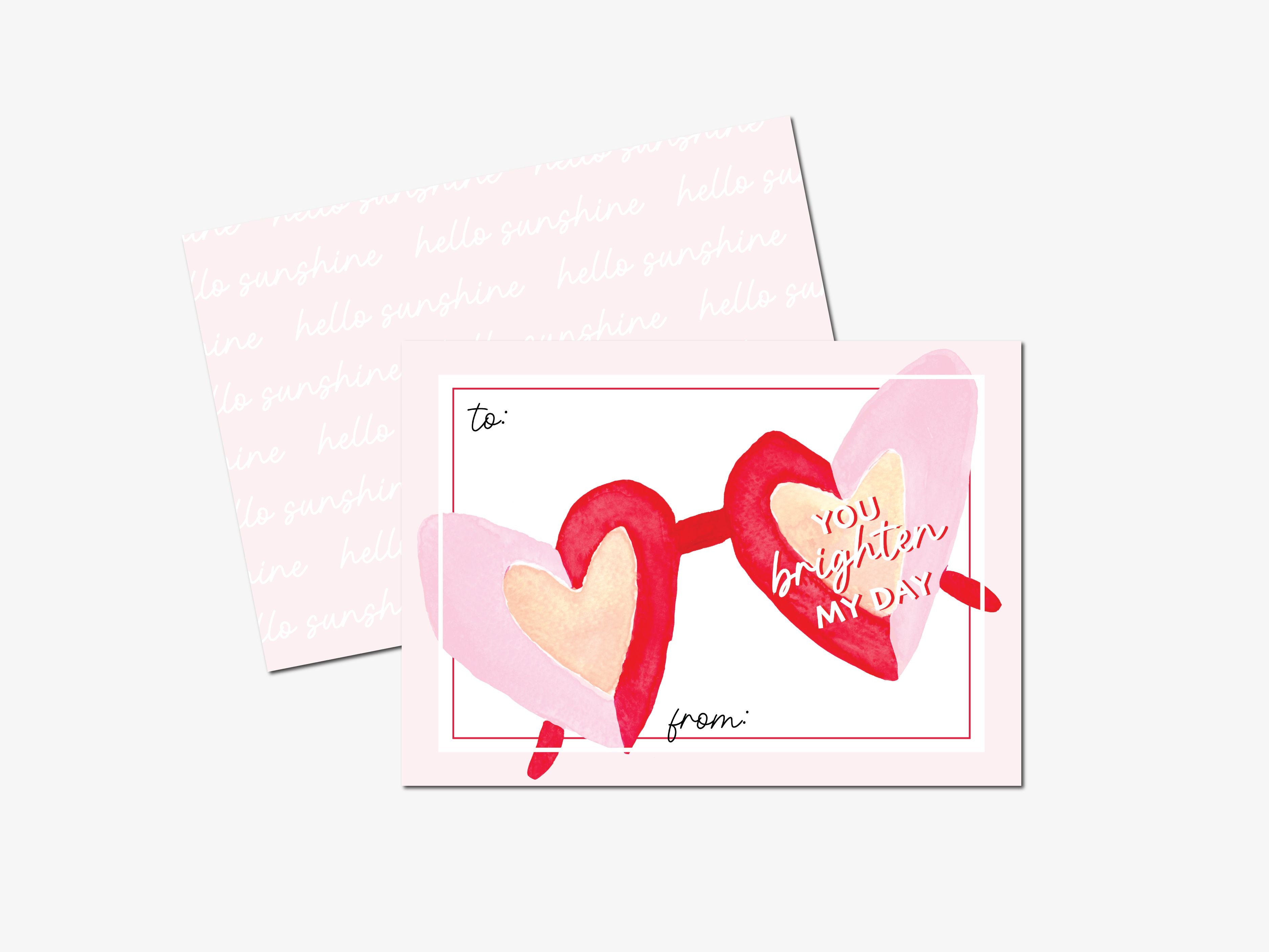 You Brighten My Day Valentine's Day Cards-These personalized flat notecards are 3.5" x 4.875 and feature our hand-painted watercolor sunglasses, printed in the USA on 120lb textured stock. They come with white envelopes and make great Valentine's Day cards for kids and sunny lovers in your life.-The Singing Little Bird