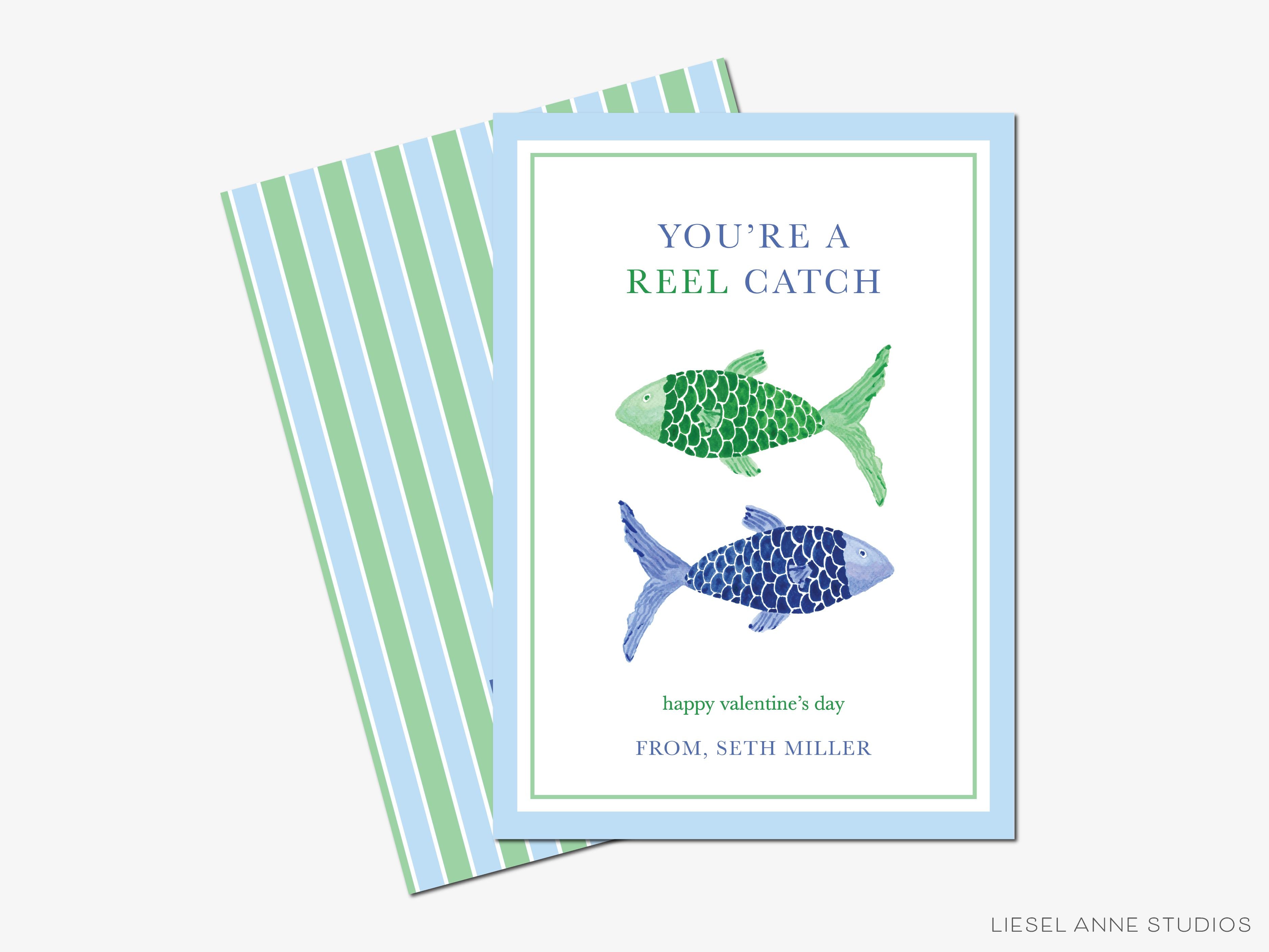 You're A Reel Catch Fish Mini Valentine-These flat notecards are 3.5" x 4.875 and feature our hand-painted watercolor blue and green fish, printed in the USA on 120lb textured stock. They come with white envelopes and make great Valentine's Day cards for kids and aquarists in your life.-The Singing Little Bird