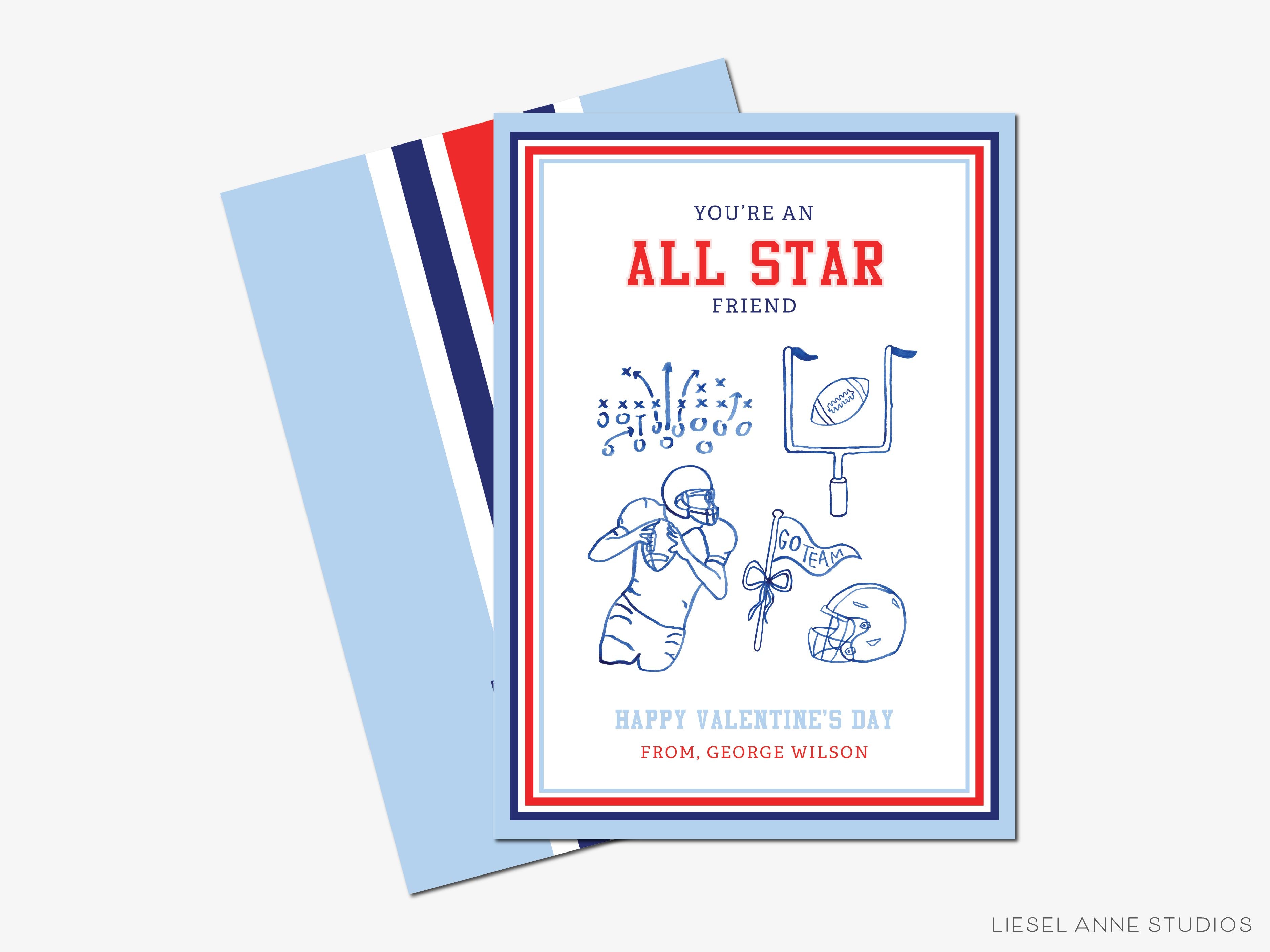 You're An All Star Football Mini Valentine-These flat notecards are 3.5" x 4.875 and feature our hand-painted watercolor football scenes, printed in the USA on 120lb textured stock. They come with white envelopes and make great Valentine's Day cards for kids and sports lovers in your life.-The Singing Little Bird