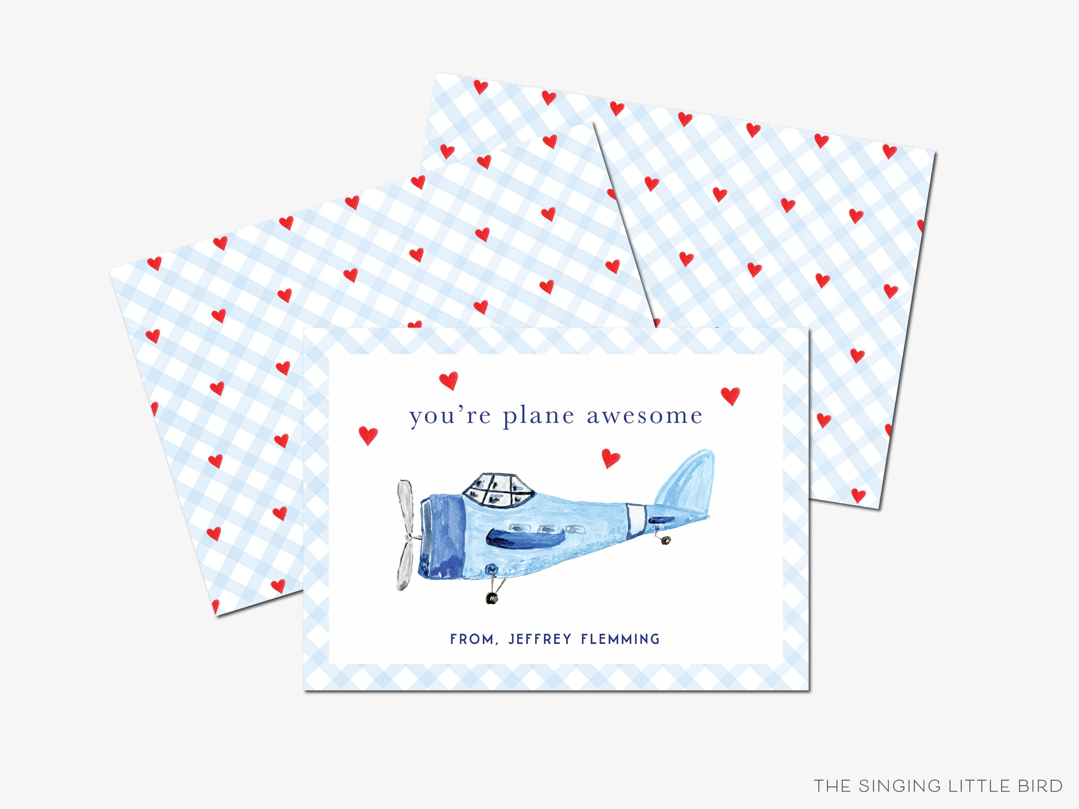 You're Plane Awesome Valentine's Day Cards-These personalized flat notecards are 3.5" x 4.875 and feature our hand-painted watercolor airplane, printed in the USA on 120lb textured stock. They come with white envelopes and make great Valentine's Day cards for kids and plane lovers in your life.-The Singing Little Bird
