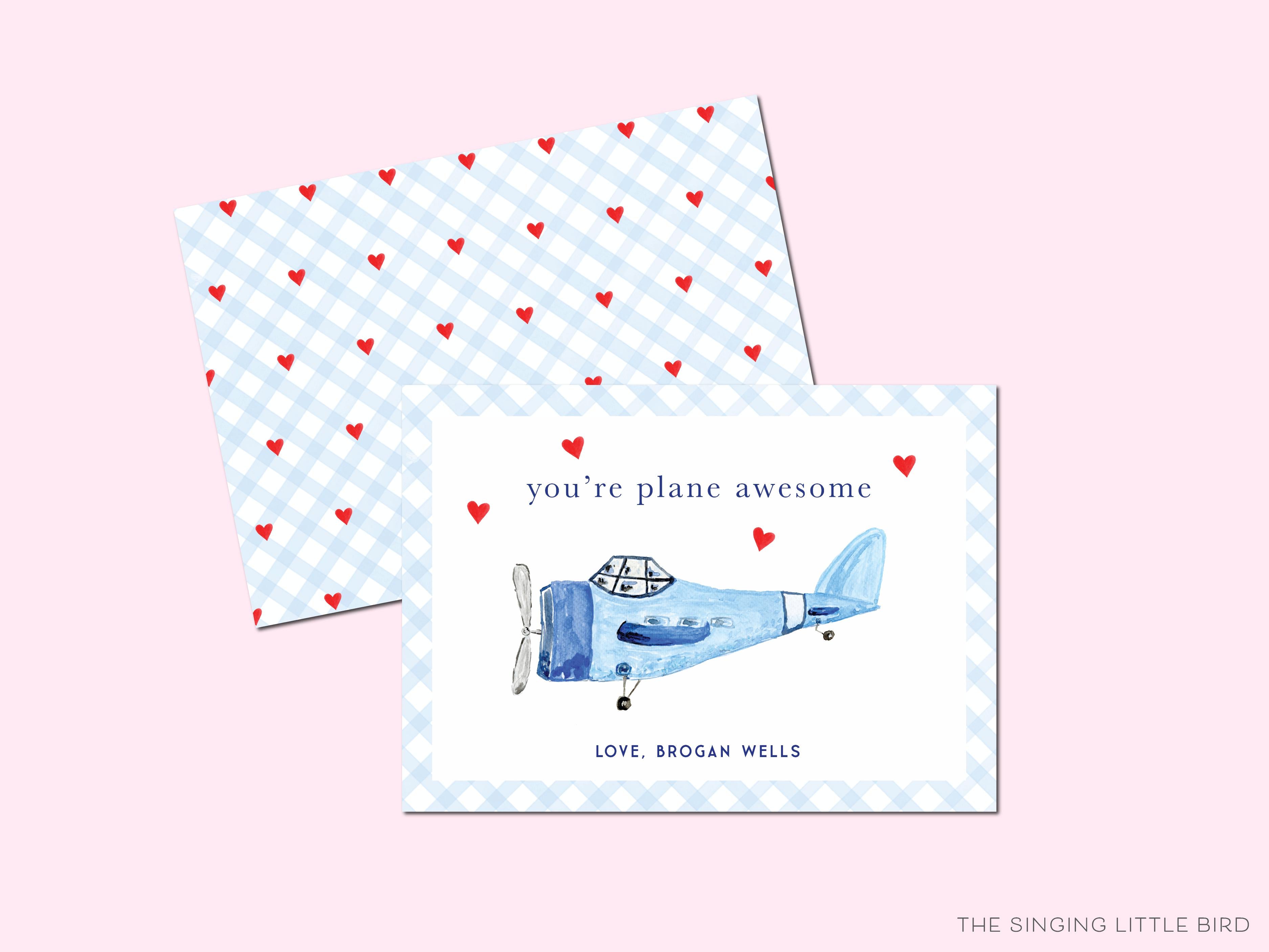 You're Plane Awesome Valentine's Day Cards-These personalized flat notecards are 3.5" x 4.875 and feature our hand-painted watercolor airplane, printed in the USA on 120lb textured stock. They come with white envelopes and make great Valentine's Day cards for kids and plane lovers in your life.-The Singing Little Bird