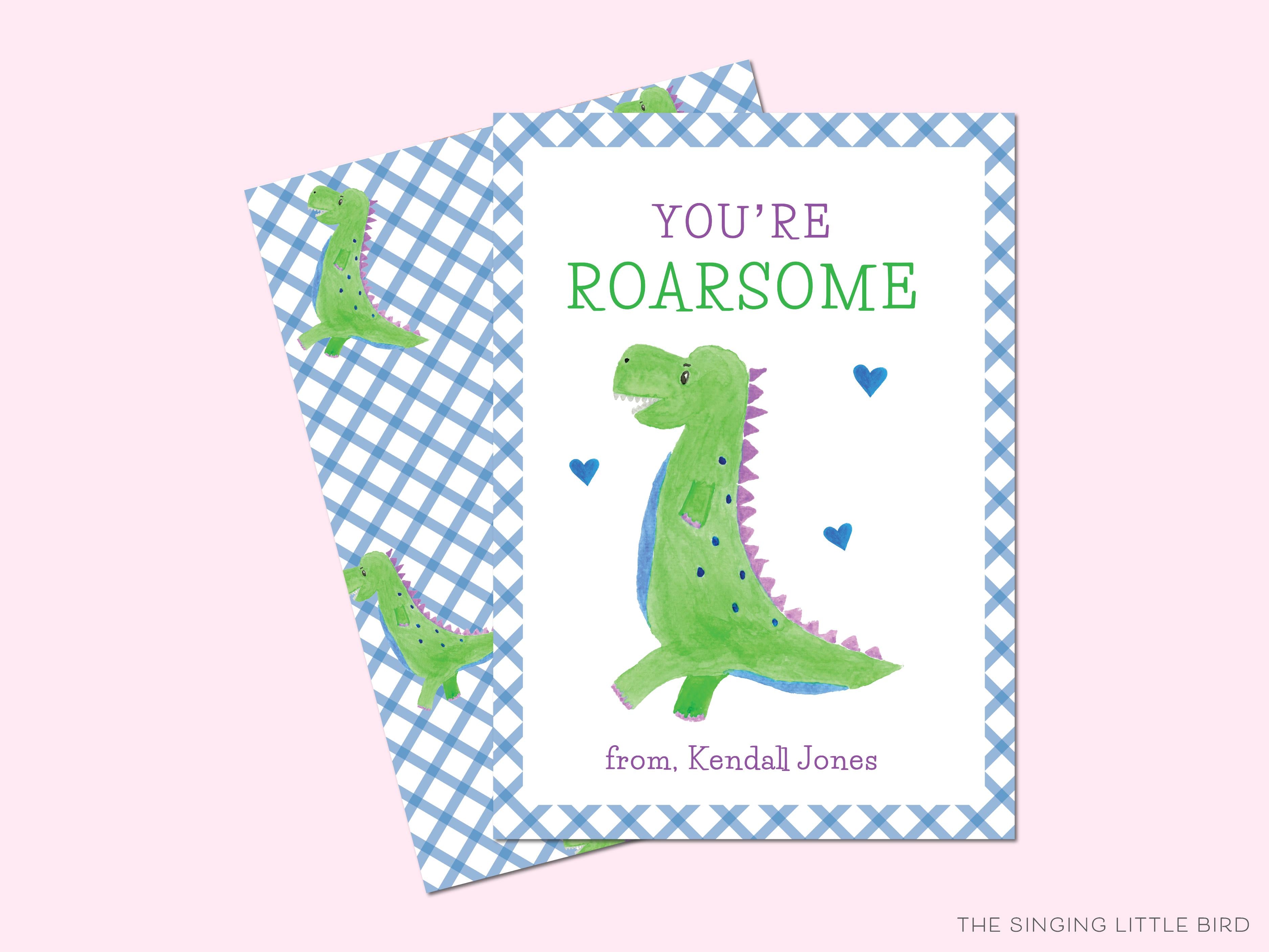You're Roarsome Dinosaur Valentine's Day Cards-These personalized flat notecards are 3.5" x 4.875 and feature our hand-painted watercolor dinosaur, printed in the USA on 120lb textured stock. They come with white envelopes and make great Valentine's Day cards for kids and dino lovers in your life.-The Singing Little Bird