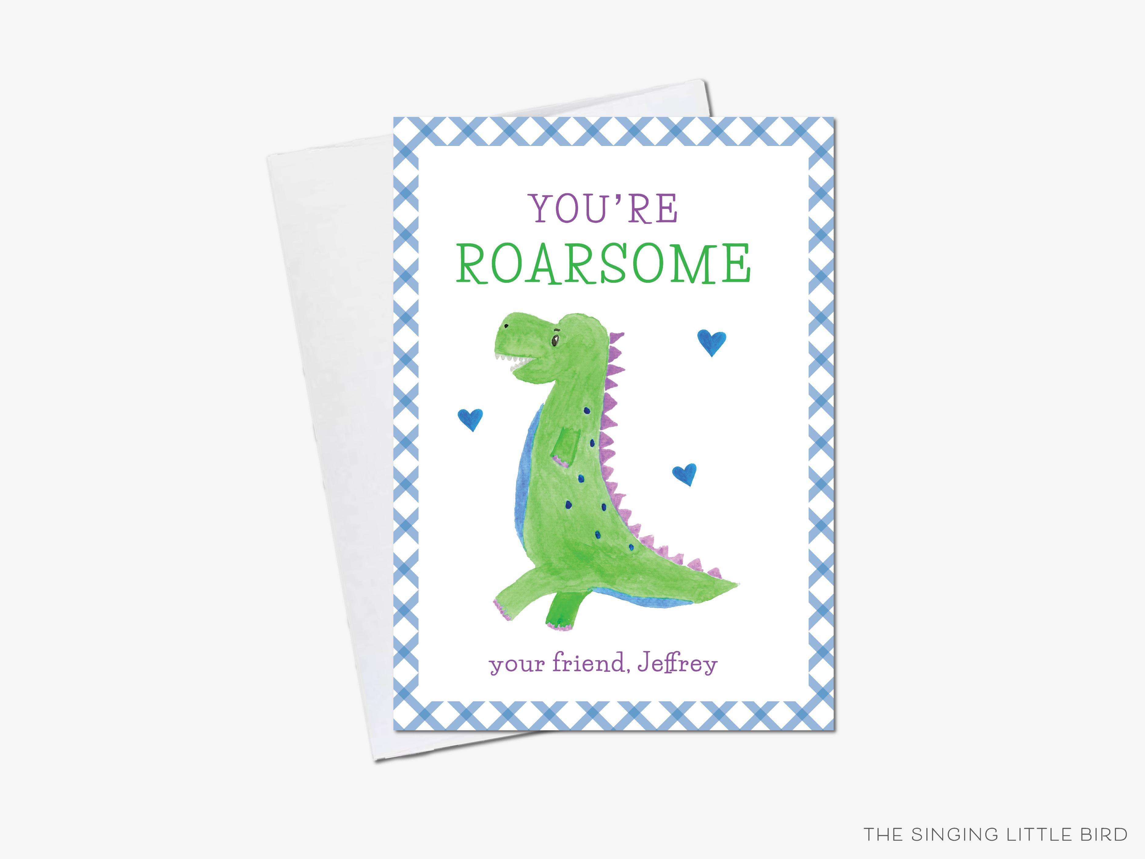 You're Roarsome Dinosaur Valentine's Day Cards-These personalized flat notecards are 3.5" x 4.875 and feature our hand-painted watercolor dinosaur, printed in the USA on 120lb textured stock. They come with white envelopes and make great Valentine's Day cards for kids and dino lovers in your life.-The Singing Little Bird