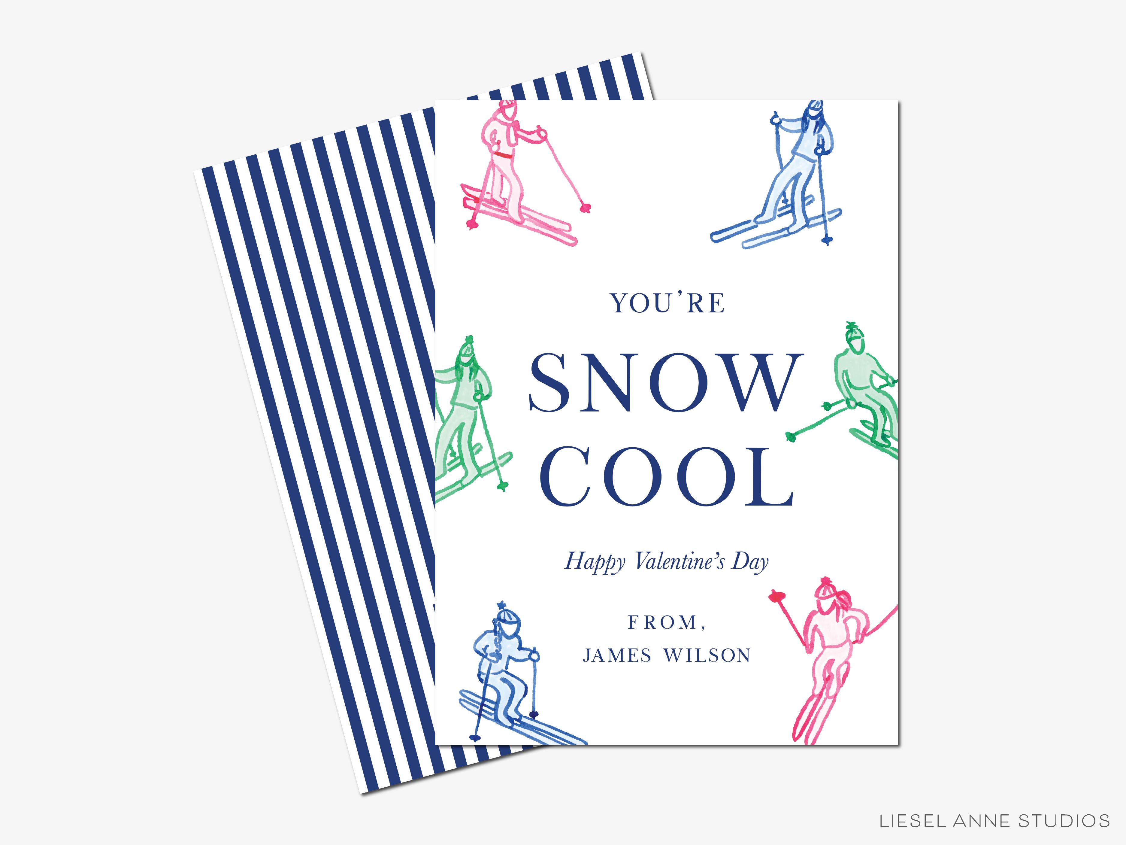 You're So Cool Skier Mini Valentine Day Cards-These personalized flat notecards are 3.5" x 4.875 and feature our hand-painted watercolor Skiers, printed in the USA on 120lb textured stock. They come with white envelopes and make great Valentine's Day cards for kids and ski lovers in your life.-The Singing Little Bird