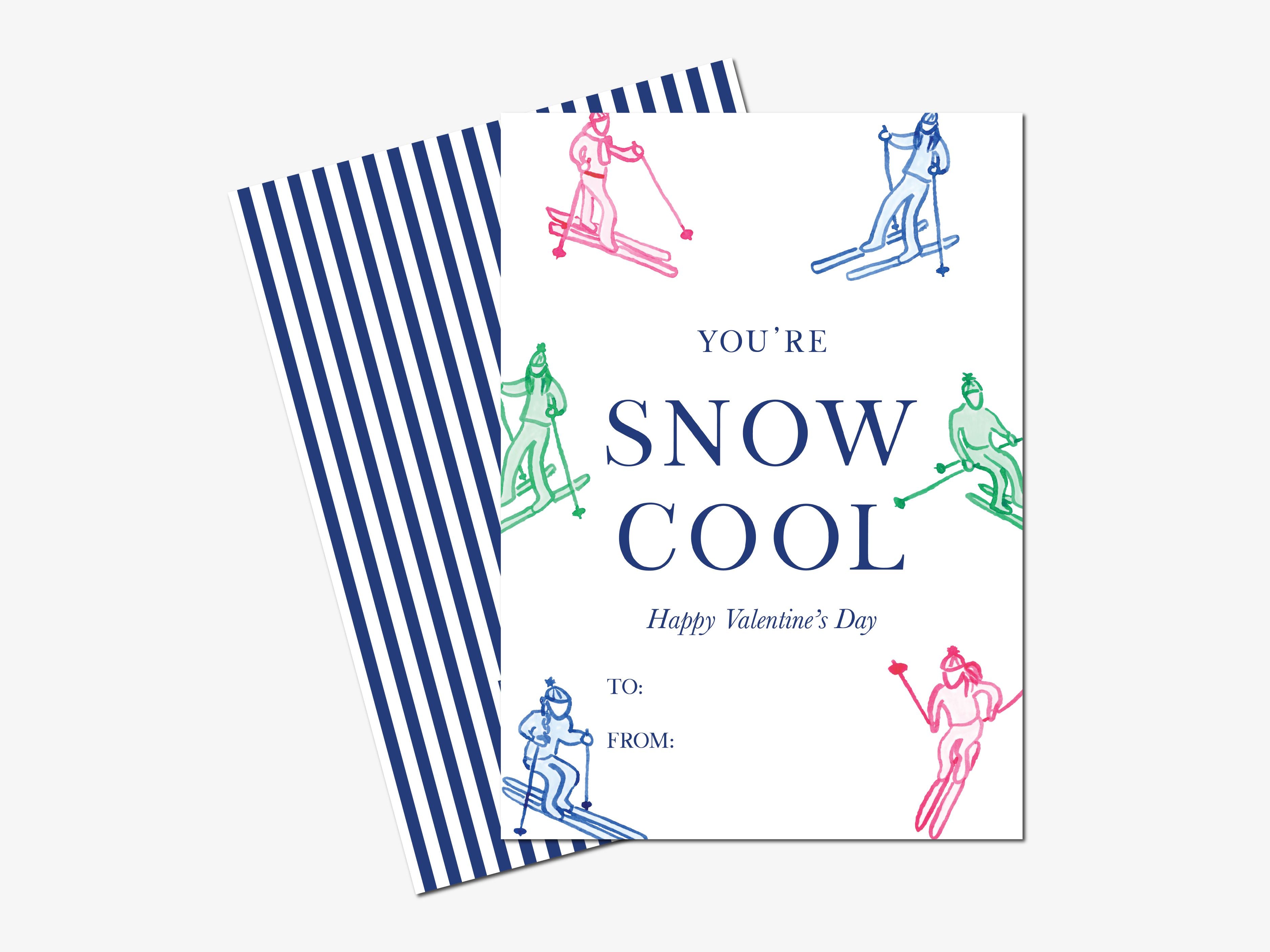 You're So Cool Skier Mini Valentine Day Cards-These personalized flat notecards are 3.5" x 4.875 and feature our hand-painted watercolor Skiers, printed in the USA on 120lb textured stock. They come with white envelopes and make great Valentine's Day cards for kids and ski lovers in your life.-The Singing Little Bird