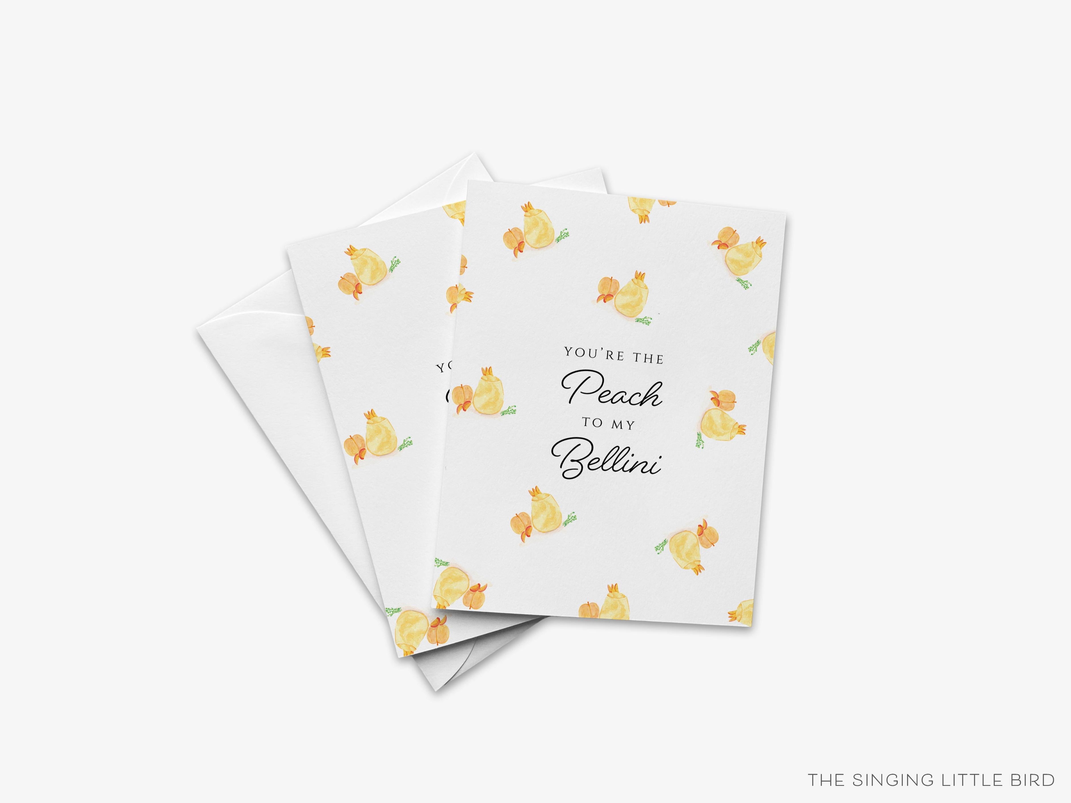 You're The Peach To My Bellini Greeting Card-These folded greeting cards are 4.25x5.5 and feature our hand-painted cocktail glasses, printed in the USA on 100lb textured stock. They come with a White envelope and make a great congratulations or birthday card for the cocktail lover in your life.-The Singing Little Bird