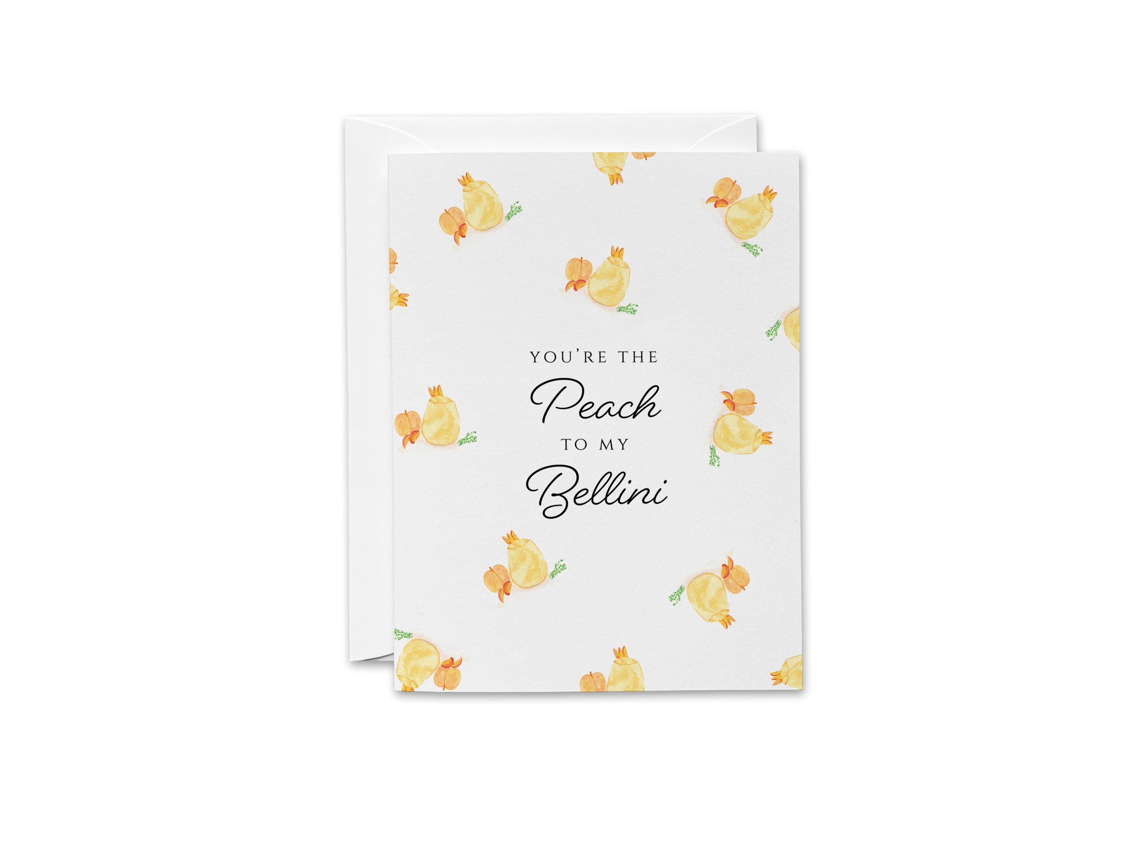 You're The Peach To My Bellini Greeting Card-These folded greeting cards are 4.25x5.5 and feature our hand-painted cocktail glasses, printed in the USA on 100lb textured stock. They come with a White envelope and make a great congratulations or birthday card for the cocktail lover in your life.-The Singing Little Bird