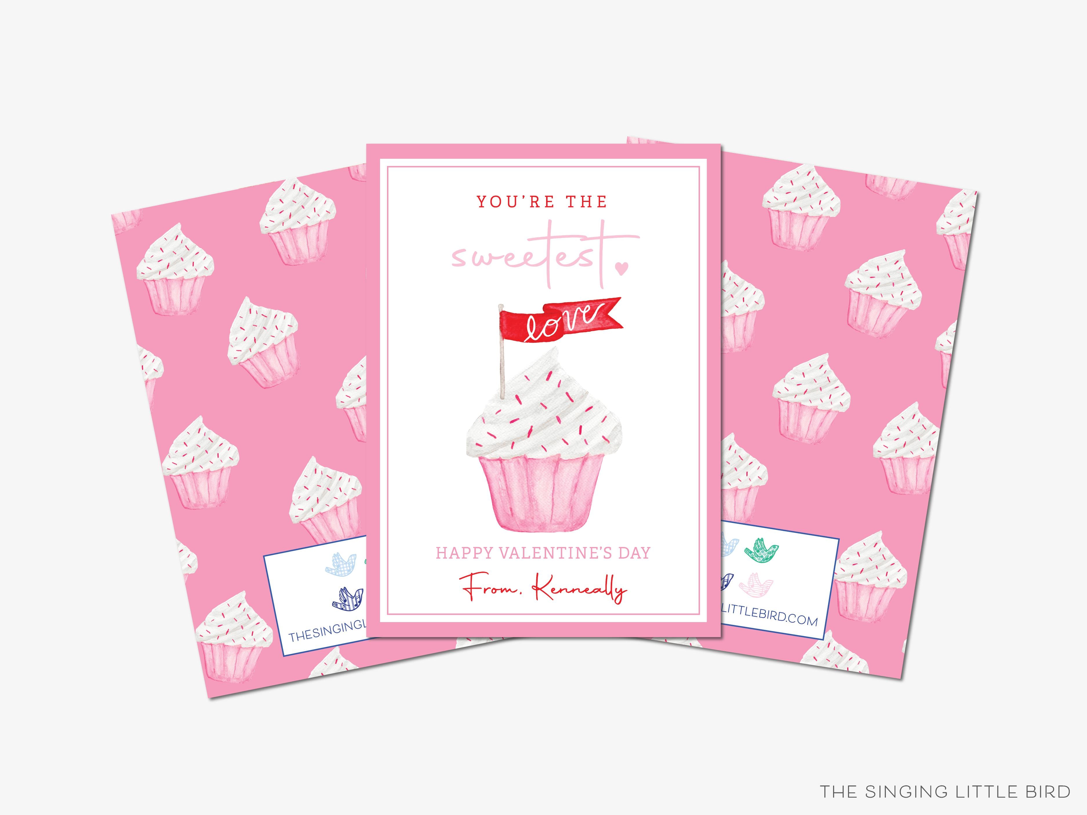 You're The Sweetest Cupcake Hearts Valentine's Day Cards-These personalized flat notecards are 3.5" x 4.875 and feature our hand-painted watercolor cupcake, printed in the USA on 120lb textured stock. They come with white envelopes and make great Valentine's Day cards for kids and sweet tooth lovers in your life.-The Singing Little Bird